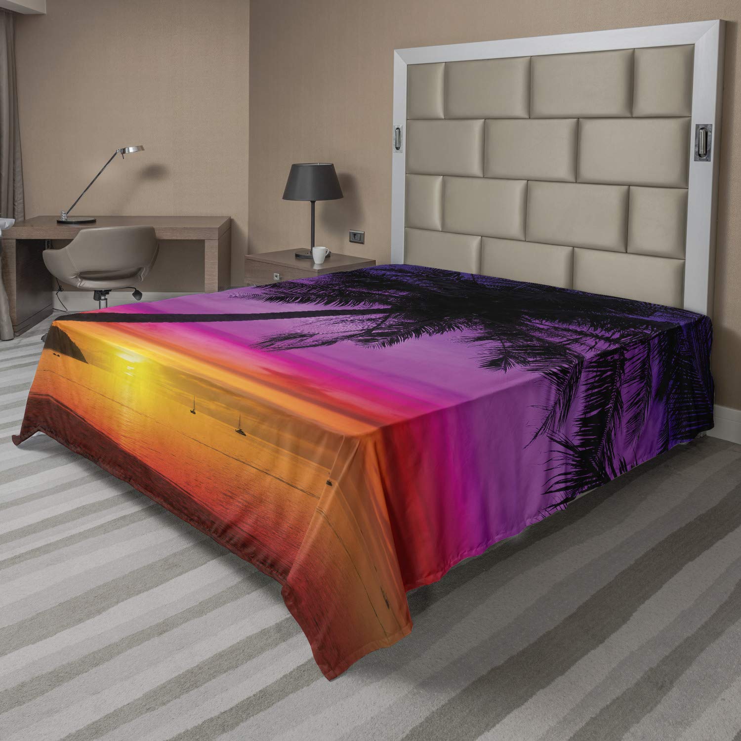 Ambesonne Tropical Flat Sheet - Palm Tree Silhouette Beach Sunset Design | Soft Full Size Decorative Bedding (Purple/Orange/Black) | Perfect for Summer Bedroom Decor & Coastal Themed Guest Rooms