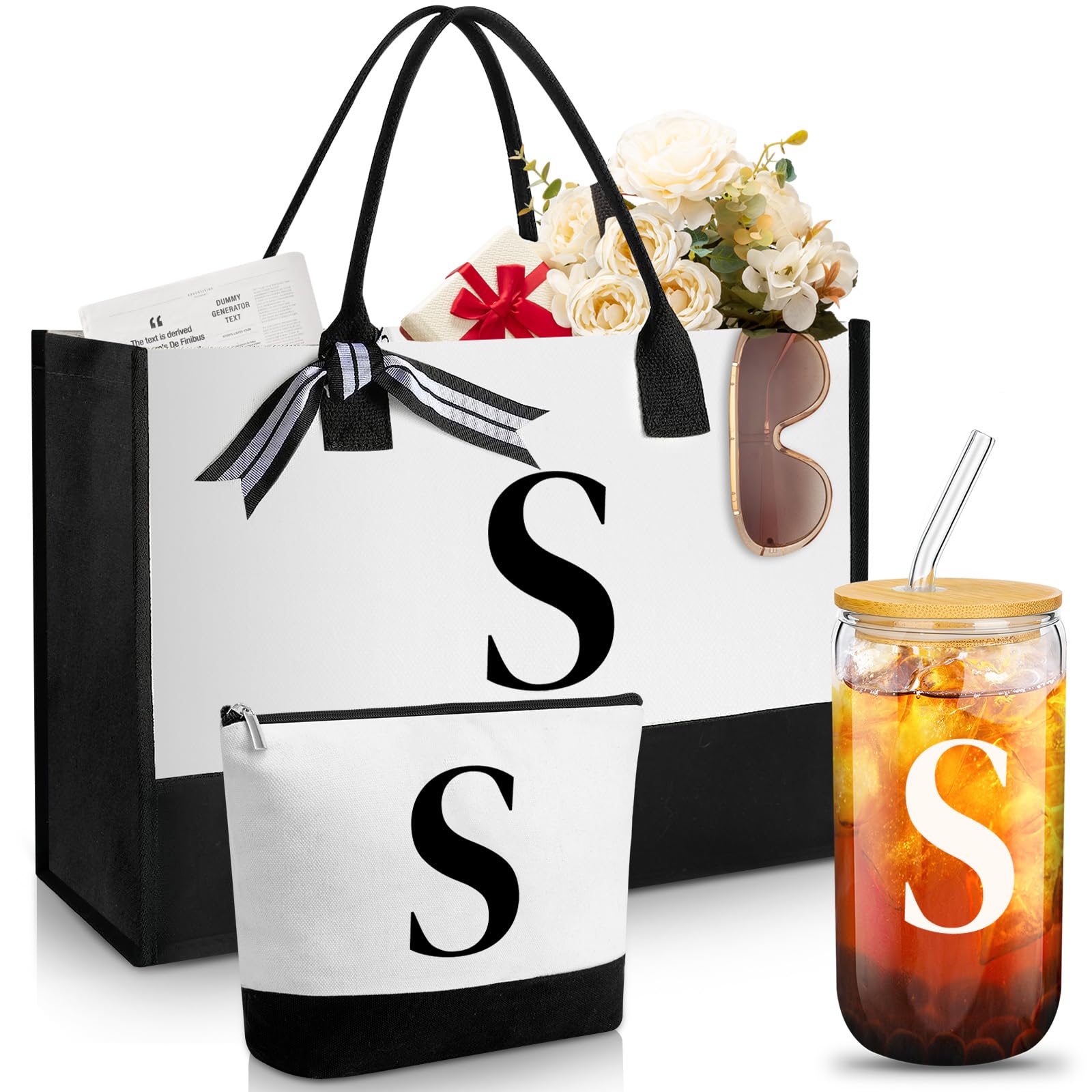 Personalized Monogram Canvas Tote Bag & Glass Coffee Cup Set - Custom Initial Gifts for Women with Zipper Makeup Pouch - Perfect for Work, Travel & Coffee Dates