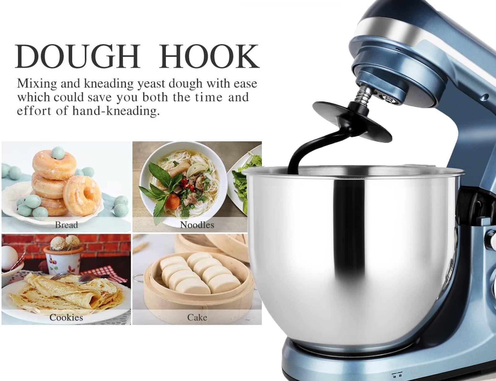 Professional 6-Qt Stand Mixer with Timer - 500W 6-Speed Tilt-Head Electric Kitchen Mixer (Silver Blue) - Perfect for Baking Cakes, Cookies, Bread & Dough Kneading
