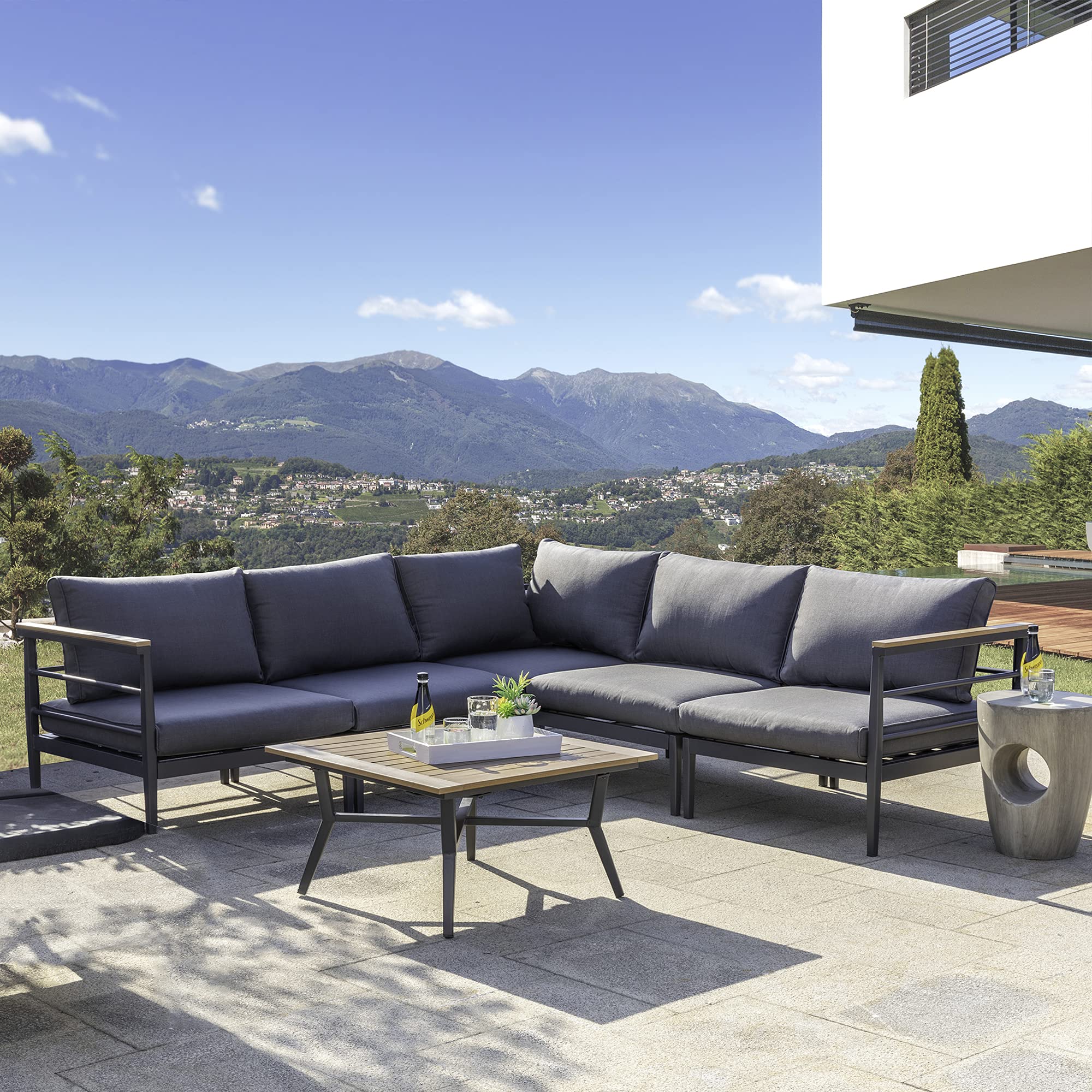 Glitzhome 6-Piece Black Aluminum Outdoor Patio Sectional Sofa Set with Removable Cushions & Coffee Table - Durable Garden Furniture for Balcony, Deck, Poolside & Backyard Relaxation