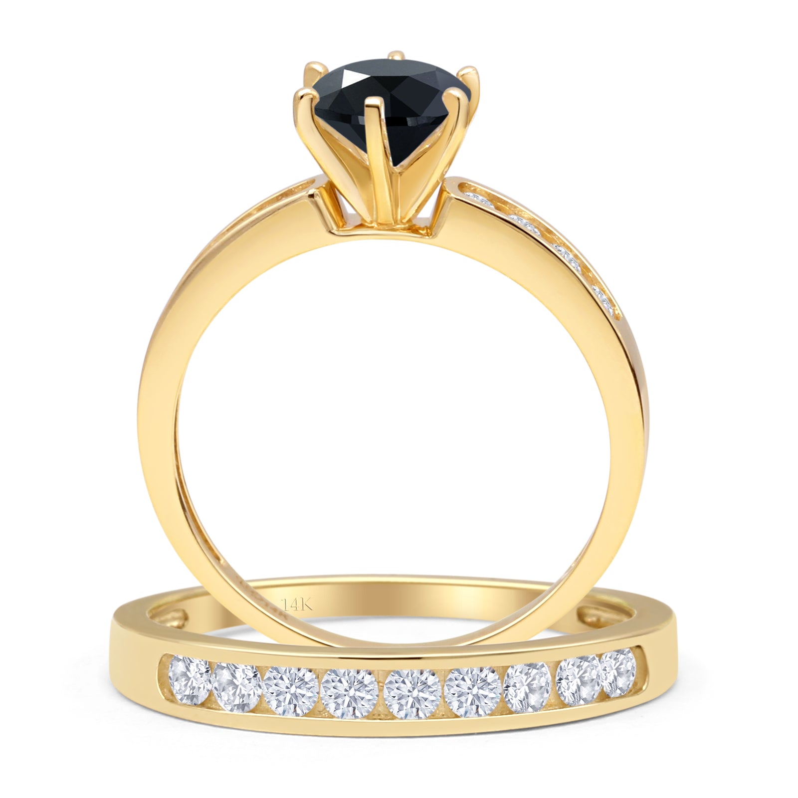 14K Yellow Gold Two-Piece Half Eternity Round Black CZ Cathedral Wedding Ring Set - Perfect for Bridal Jewelry, Anniversary Gifts & Special Occasions