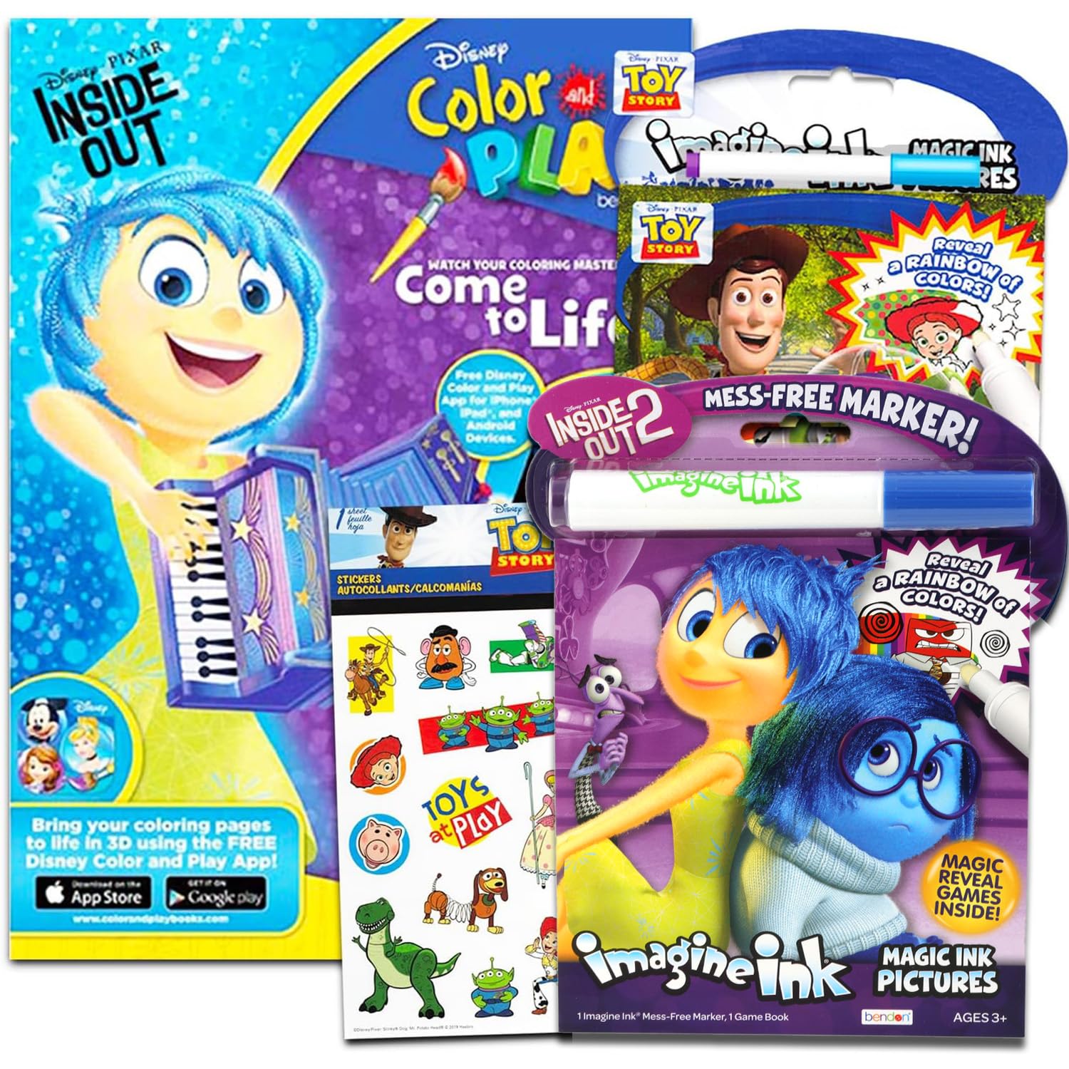 Disney Studio Invisible Ink Activity Book Set for Kids - 3 Travel Activity Books with Toy Story, Inside Out & Monsters Inc Themes | Includes Invisible Ink Pens & 100+ Stickers | Perfect for Road Trips, Airplane Travel & Quiet Time Activities (5-Piece Set)