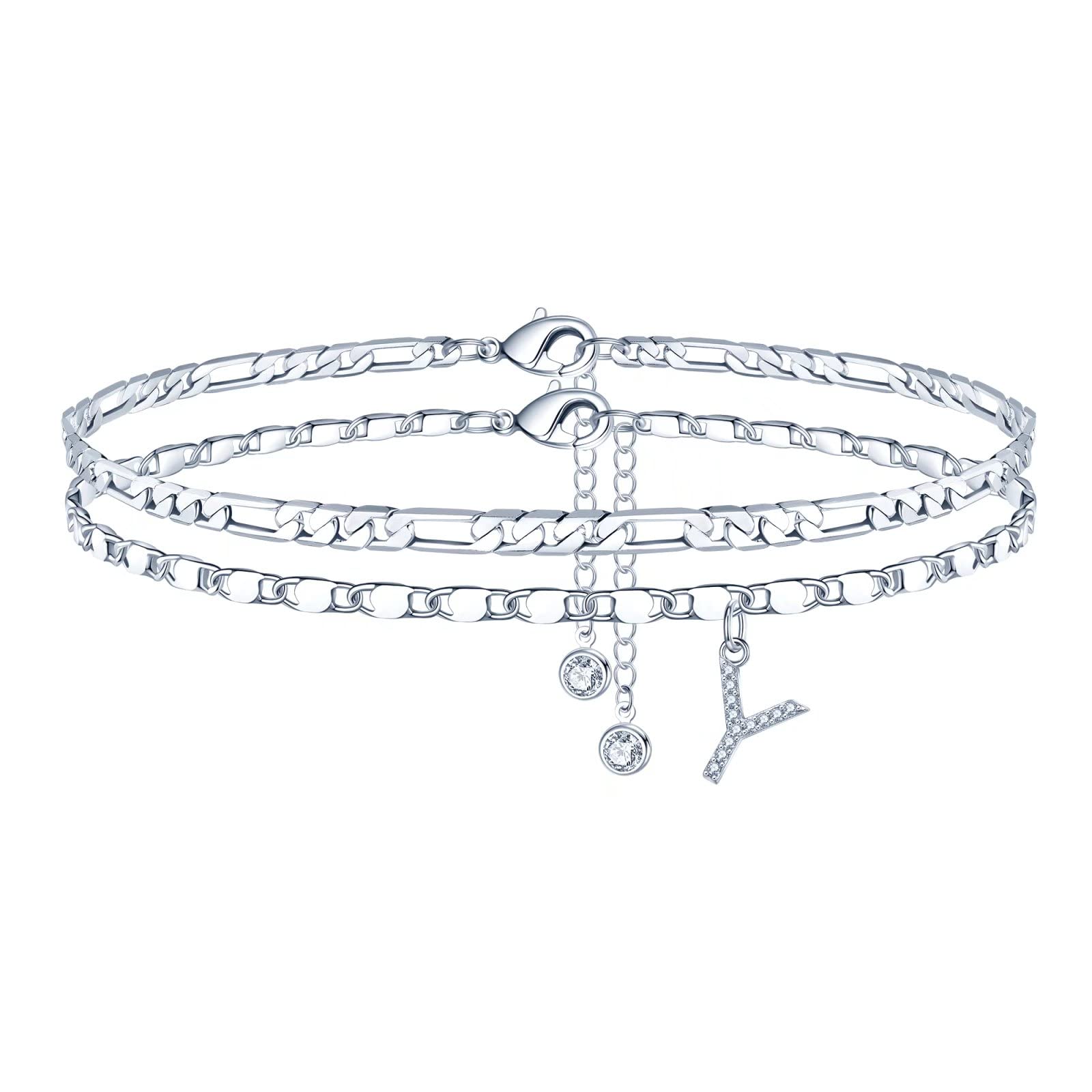 14K Gold Plated Dainty Layered Chain Ankle Bracelets for Women - CZ Initial Anklet Set, Summer Jewelry Gifts for Her - Perfect for Beach Vacations, Date Nights & Everyday Wear