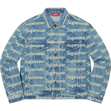 Supreme Frayed Logos Denim Trucker Jacket for Men - Distressed Blue Denim Jacket with Embroidered Patches | Perfect for Streetwear, Casual Outfits & Urban Fashion