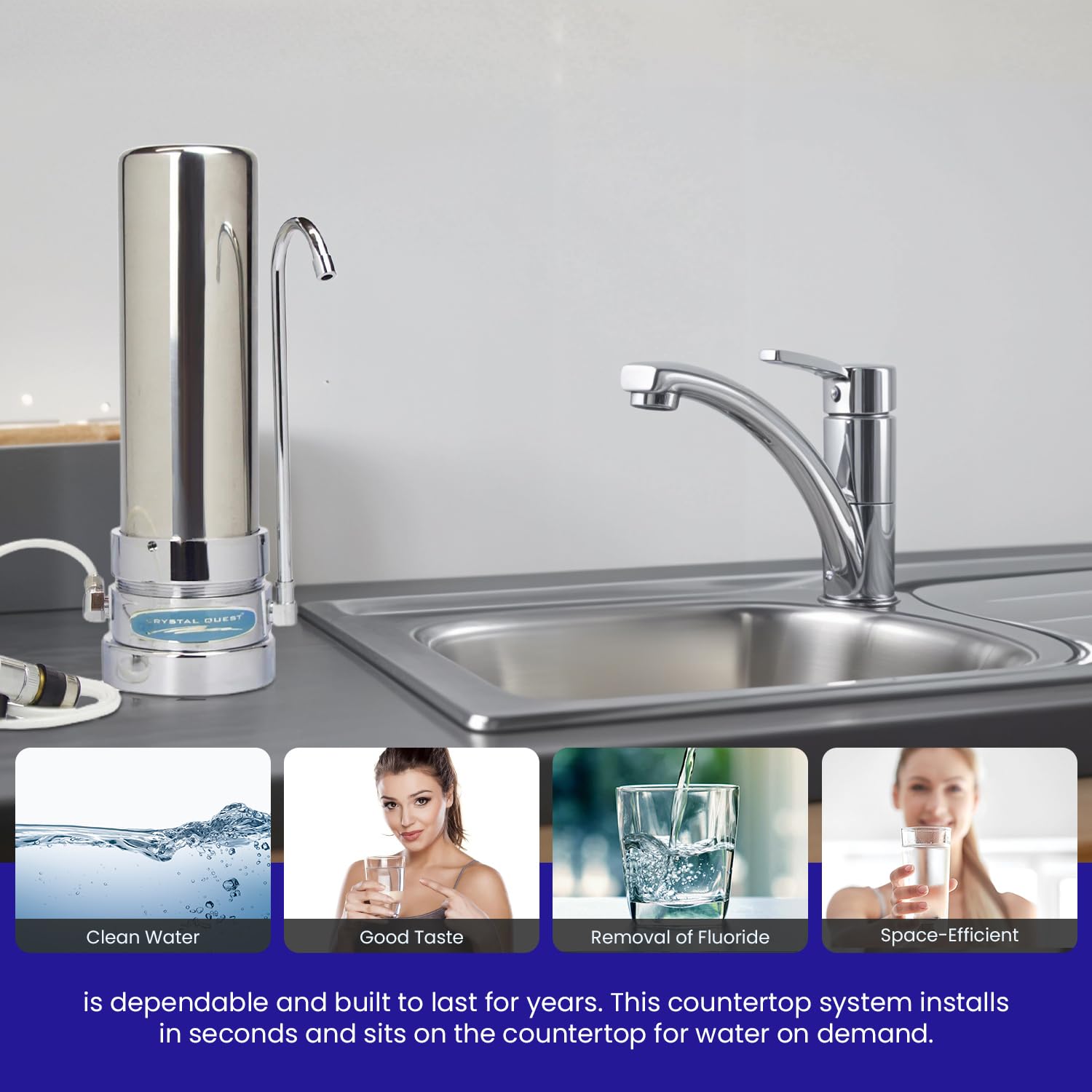 Smart Single Cartridge Countertop Water Filter System for Arsenic Removal - Stainless Steel Design by Crystal Quest | Perfect for Home, Office & RV Use