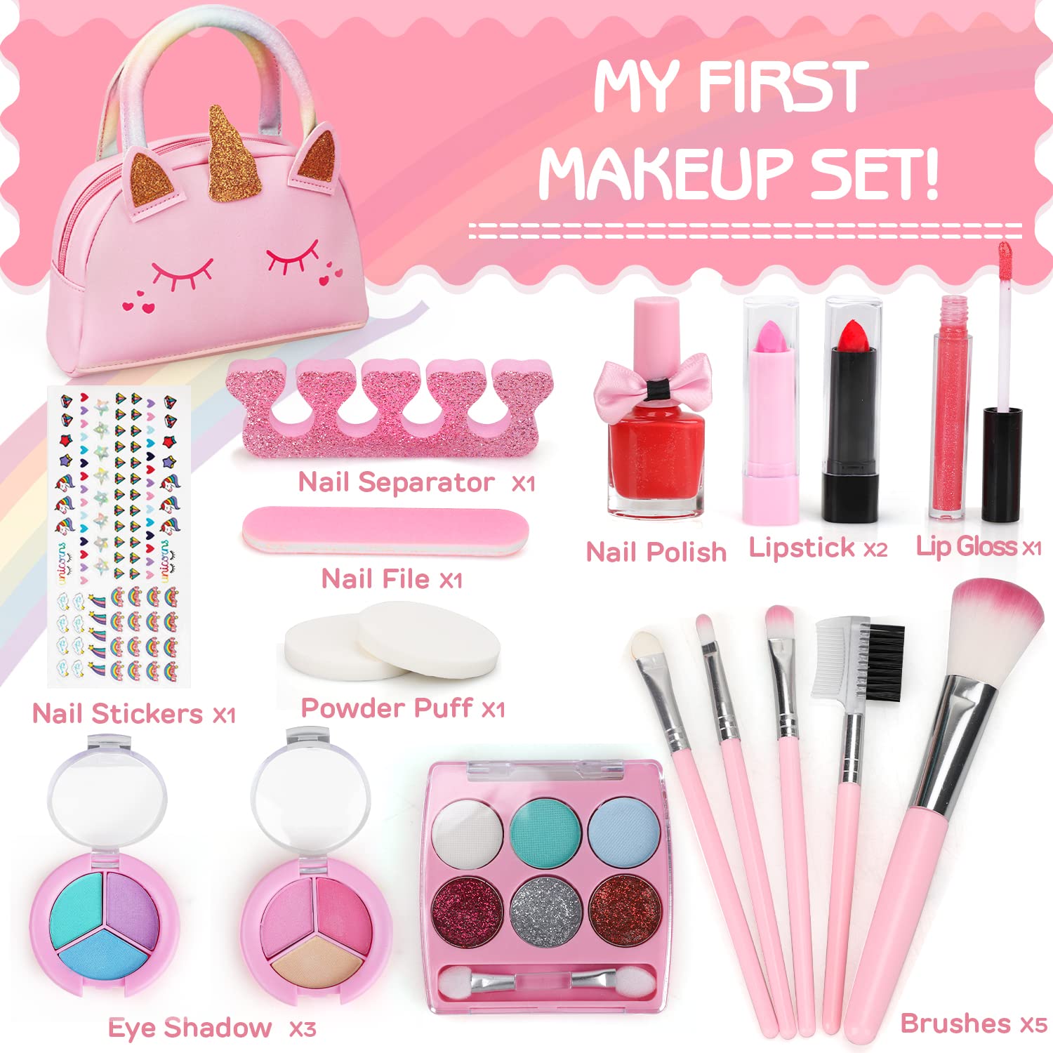 TOY Life Kids Real Make Up Kit for Girls - Washable & Non-Toxic Cosmetic Set with Pink Unicorn Bag - Pretend Play Dress Up Toys for Toddlers Ages 3-12 - Perfect for Birthday Gifts, Role Play & Dress Up Parties