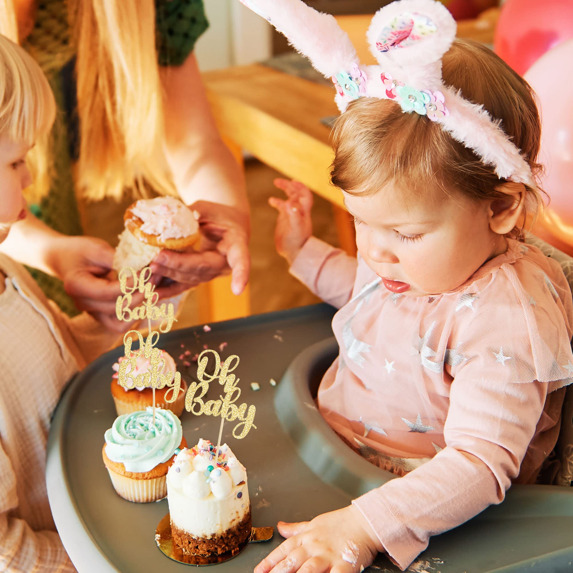 36 Pack Gold Glitter Baby Shower Cupcake Toppers - Oh Baby Cake Decorations for Baby Shower, Kids Birthday Party Supplies (Perfect for Gender Reveal, 1st Birthday & Nursery Themed Celebrations)