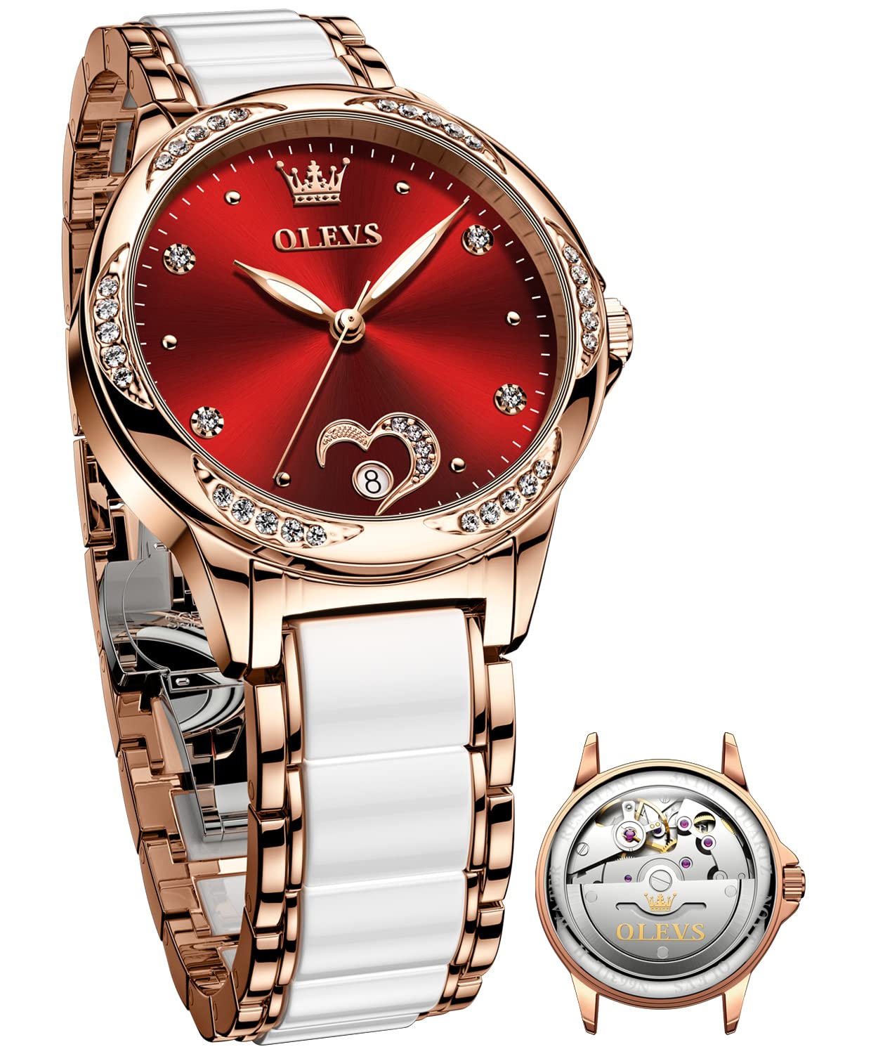 OLEVS Women's Automatic Mechanical Watch - Rose Gold Ceramic Band, Diamond Case, Waterproof & Luminous - Elegant Ladies Wristwatch for Business, Party & Everyday Wear