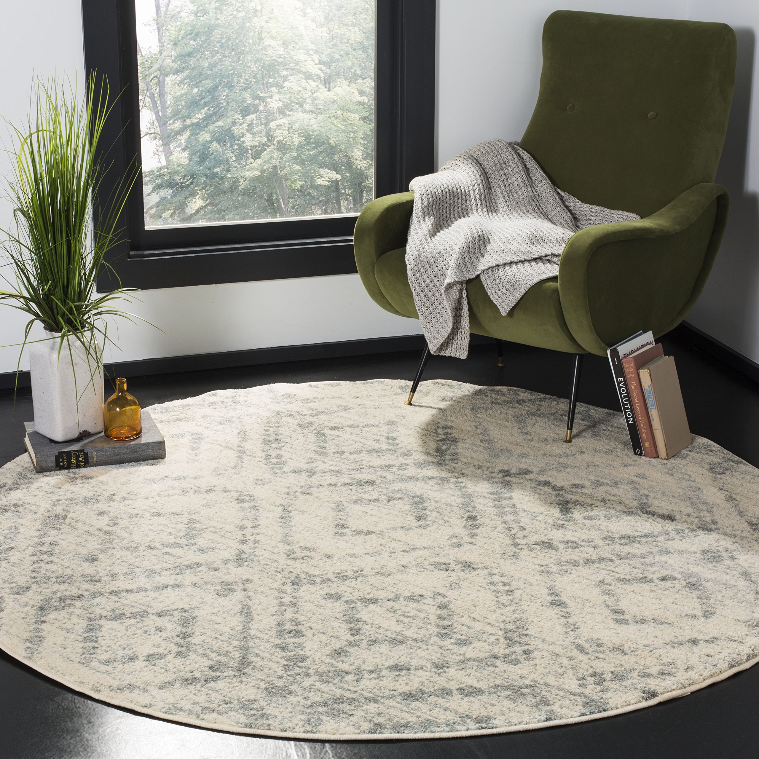 SAFAVIEH Adirondack Collection 10' Round Ivory/Light Blue Modern Diamond Distressed Non-Shedding Area Rug - Perfect for Dining Room, Entryway, Foyer, Living Room & Bedroom Decor