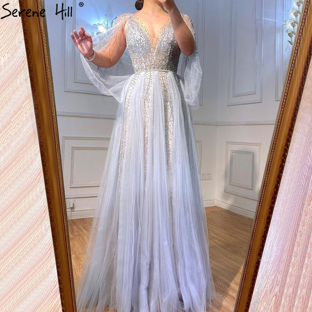 Elegant Grey A-Line Evening Dress with Diamond Beading for Women - Luxury Party Gown for Prom, Wedding & Formal Events - Serene Hill Collection 2025
