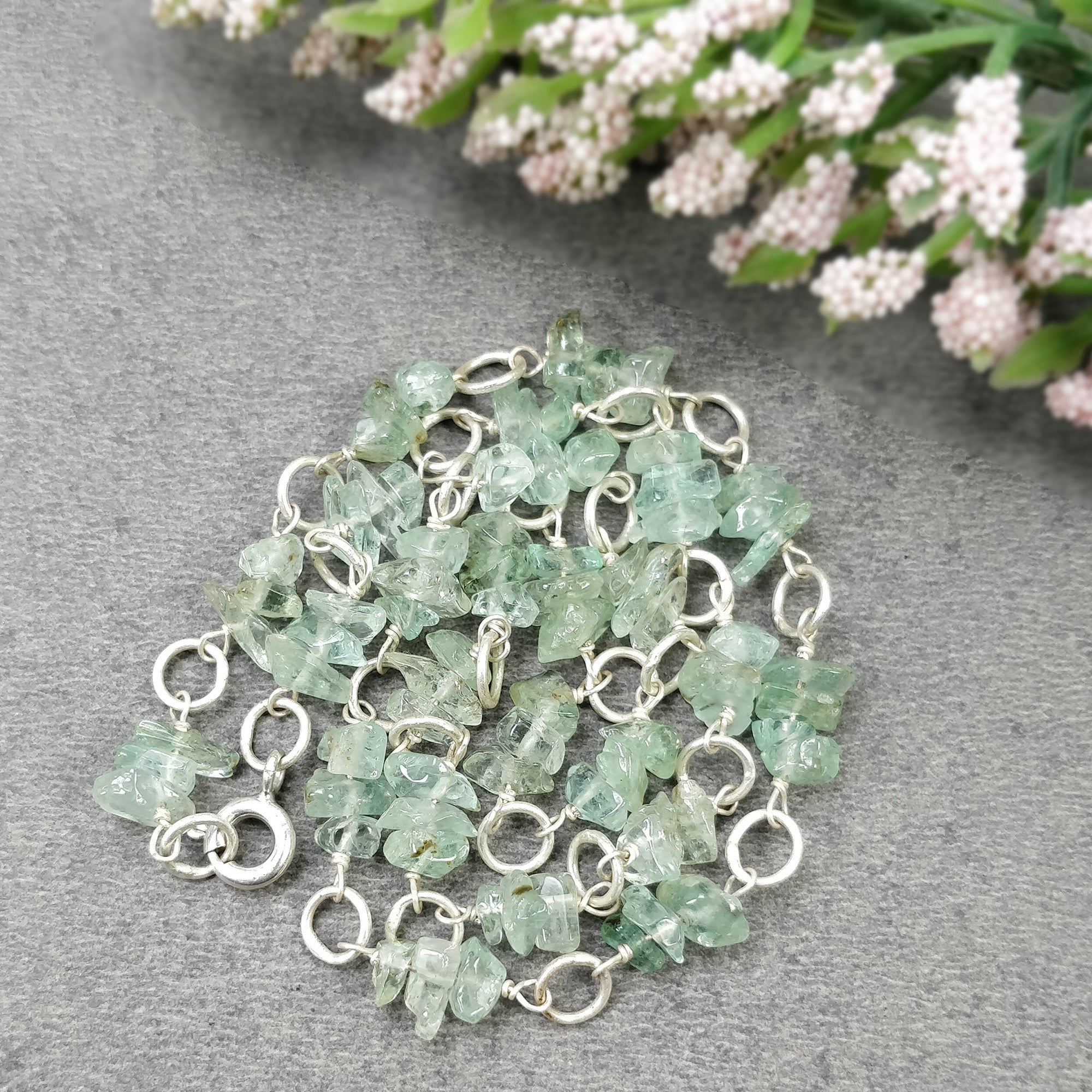 Natural Untreated Raw Emerald Gemstone Beads Sterling Silver Chain Necklace 16