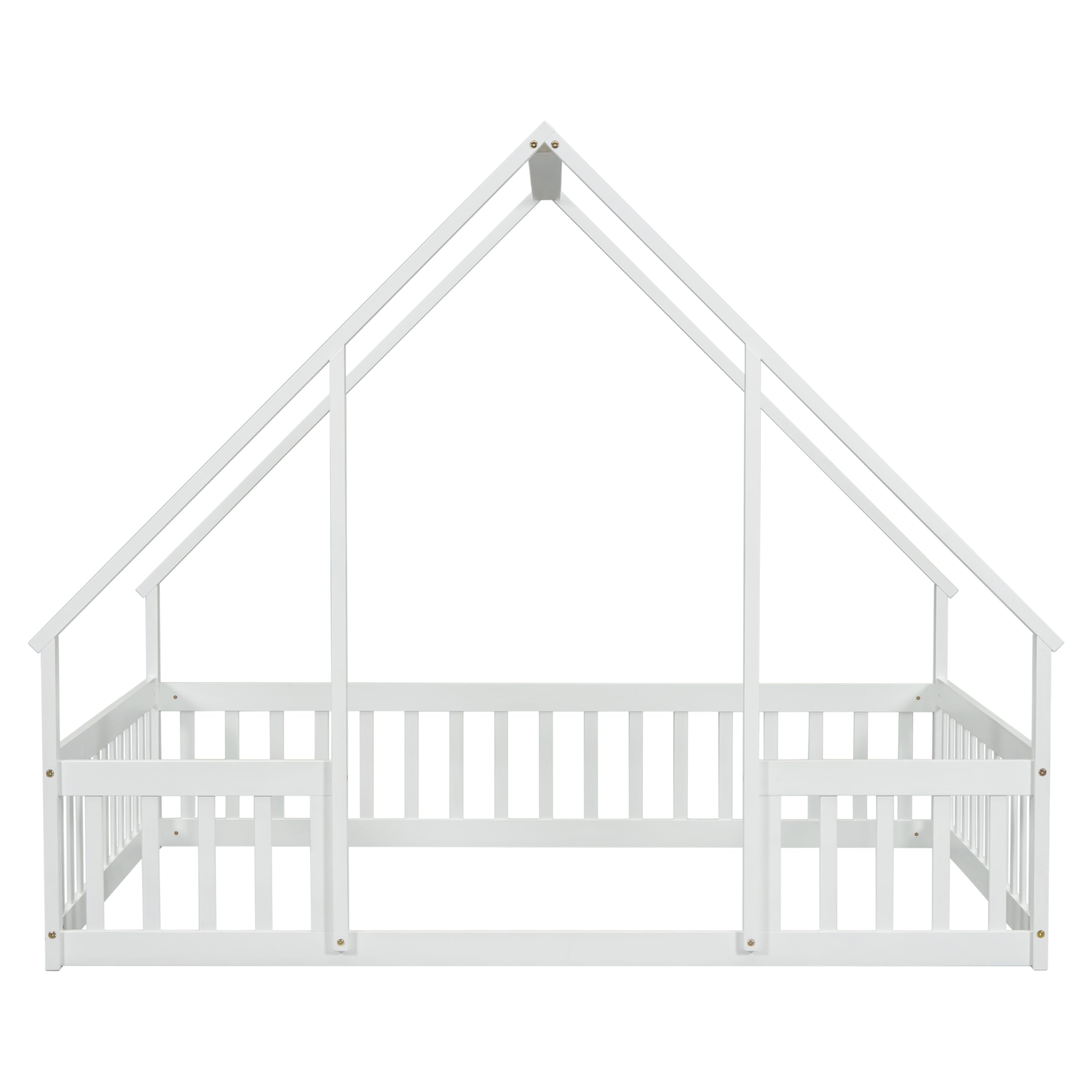Bellemave Full Size Wooden House Floor Bed for Kids - Montessori Style Playhouse Bed Frame with Safety Fence for Boys & Girls - Perfect for Bedrooms, Playrooms and Montessori Learning Spaces (White)