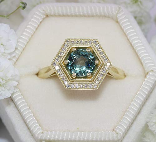 Hexagon Teal Montana Sapphire Ring - Natural Blue Green Unheated Sapphire Engagement Ring for Women - Custom Handmade Jewelry Gift for Anniversary, Proposal & Special Occasions