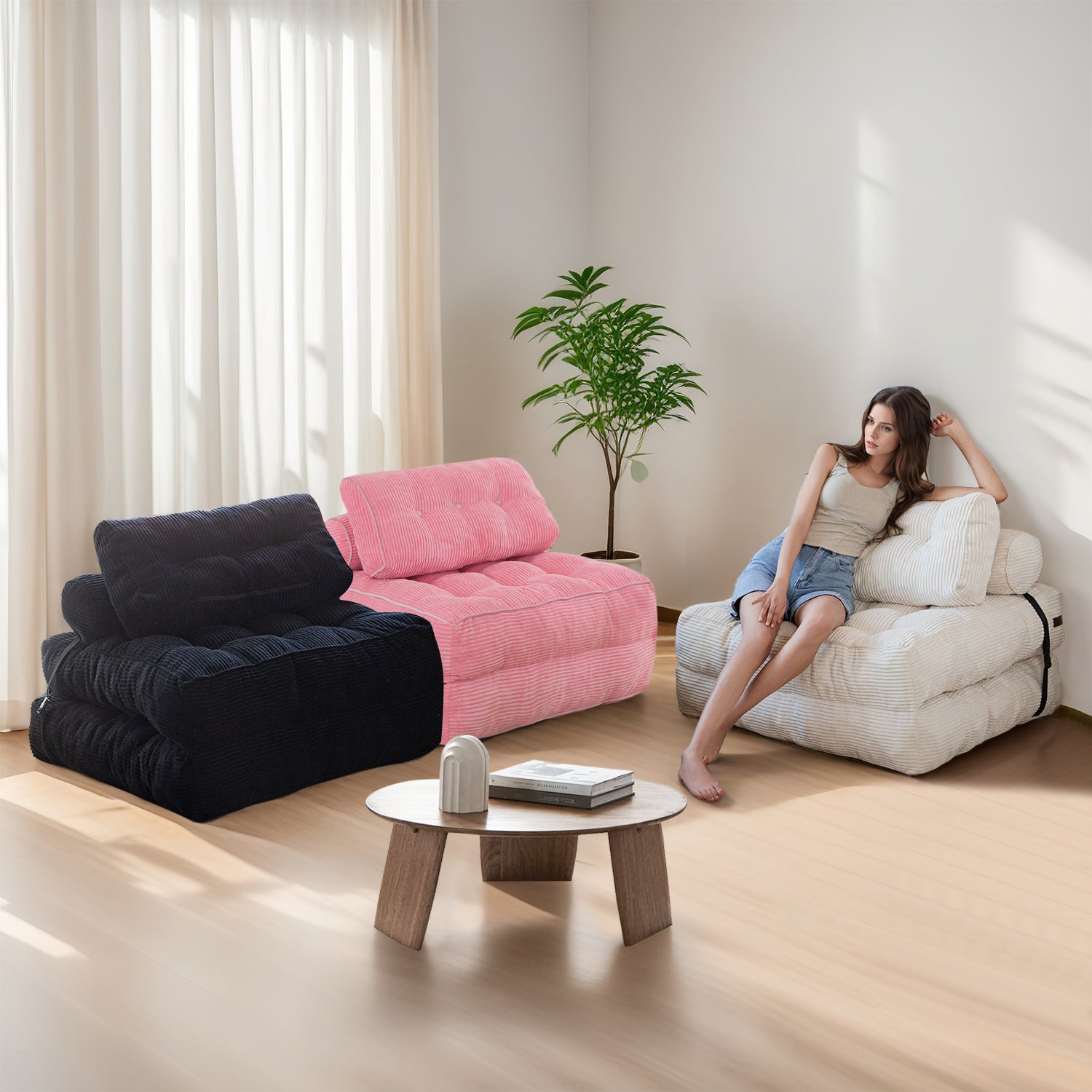 MAXYOYO Corduroy Folding Sofa Bed - Convertible Sleeper Chair with Pillow & Foldable Mattress, Back Support for Living Room, Guest Room & Small Spaces (Pink) - Perfect for Apartments, Dorms & Home Office