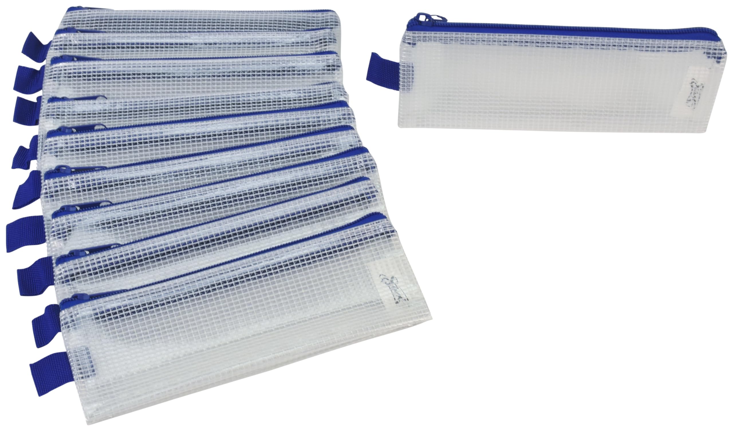 Mesh Pencil Case for School Supplies - 3x8 Inches, Clear with Blue Trim (Pack of 10) - Perfect for Organizing Pens & Markers