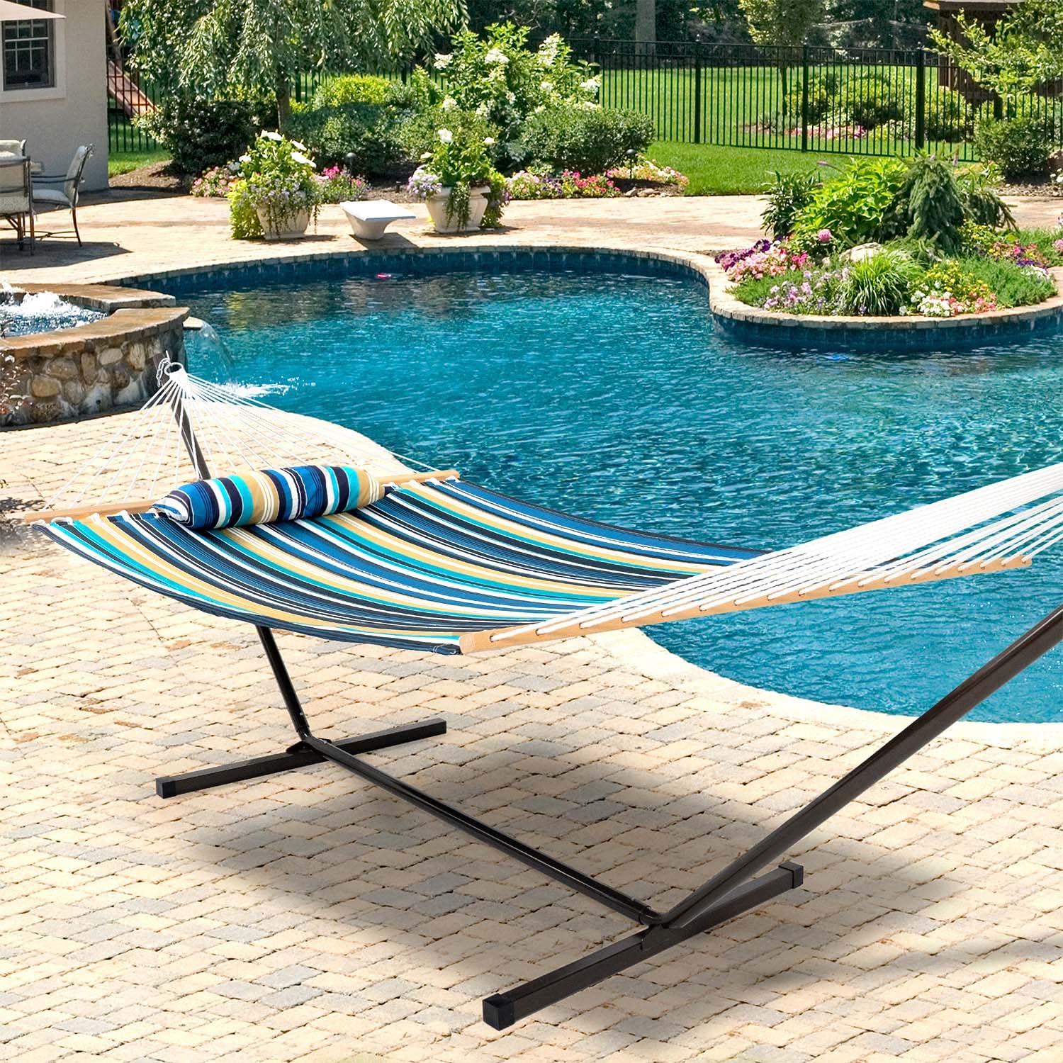 Lazy Daze Quilted Fabric Double Hammock with 12-Foot Stand - 2-Person Outdoor Hammock with Pillow for Patio, Garden, Backyard & Beach - 450LB Capacity - Perfect for Relaxing, Lounging & Napping in Your Outdoor Space