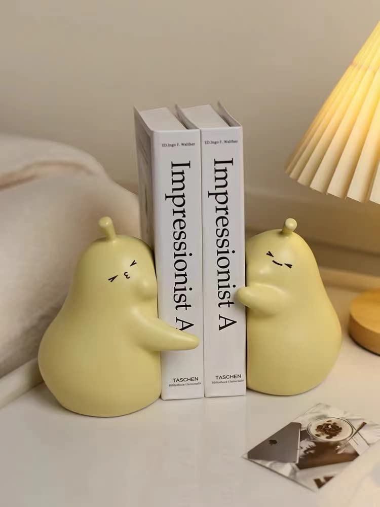 Linxia Pear Bookends - Goose Yellow Ceramic Book Holder for Shelves, Books, Movies, CDs & Video Games - Decorative and Functional Book Stopper (1 Pair) - Perfect for Home Office, Library & Study Room Organization