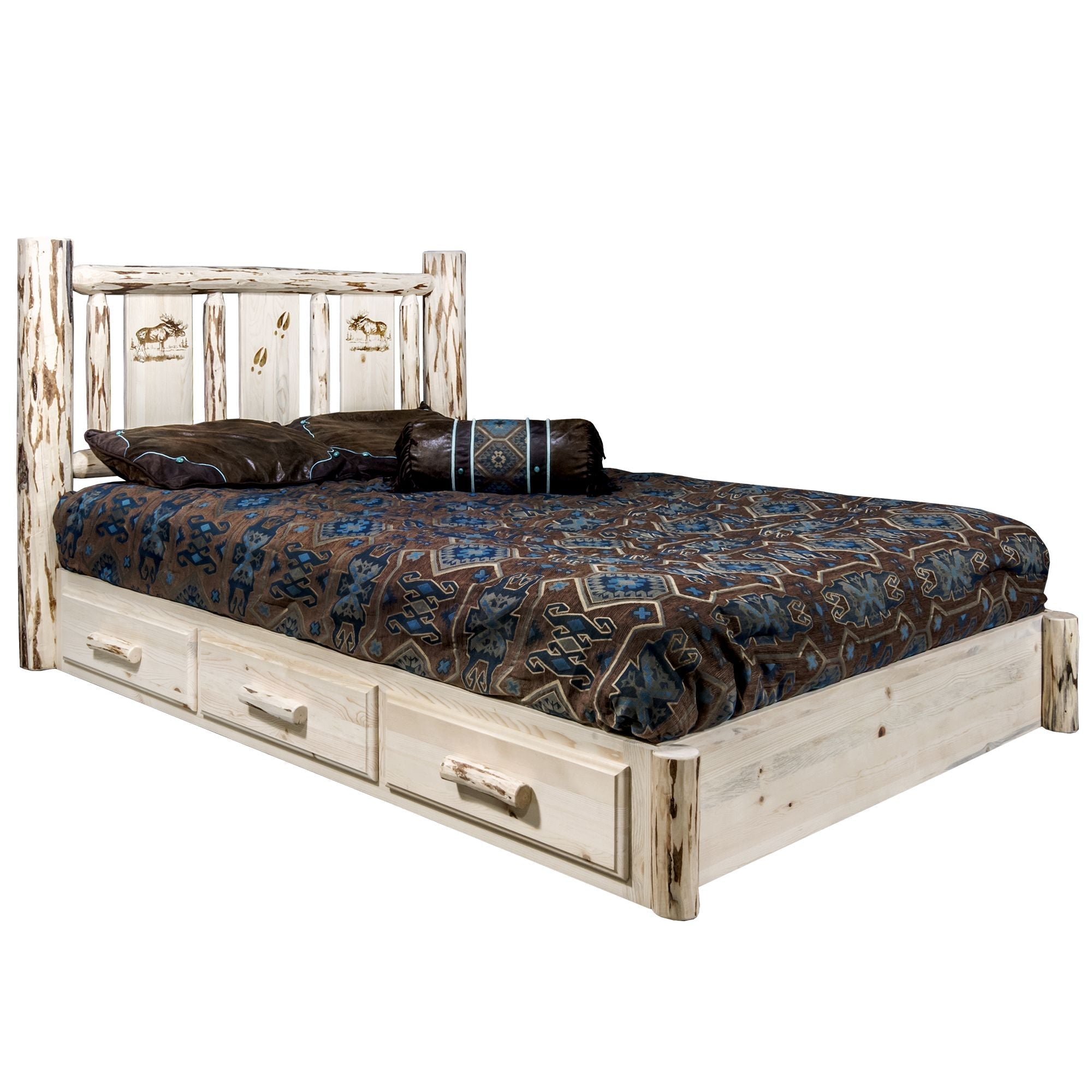 Montana Platform Bed with Storage - Laser Engraved Design, Unfinished Solid Wood Bed Frame for DIY Customization | Perfect for Modern Bedrooms, Guest Rooms & Small Spaces