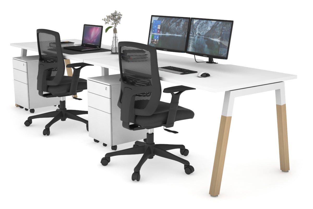 Quadro A Legs 2-Person Standing Desk with Wooden Legs & Cross Beam - 1800L x 800W Office Workstation with Cable Management | Perfect for Shared Workspaces & Home Offices