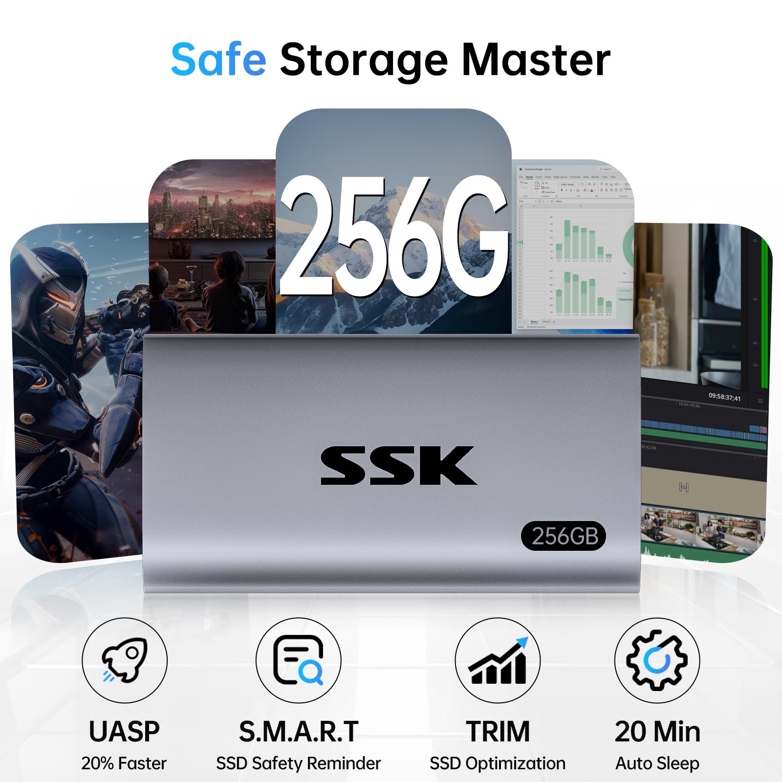 SSK 256GB Portable External SSD Hard Drive - USB 3.2 Gen 2 Fast Transfer up to 550MB/s - Compatible with iPhone 15/Pro, Windows PC, Mac, Android - LED Indicator, Trim & Smart Support - Perfect for Travel, Work, Gaming & Data Backup