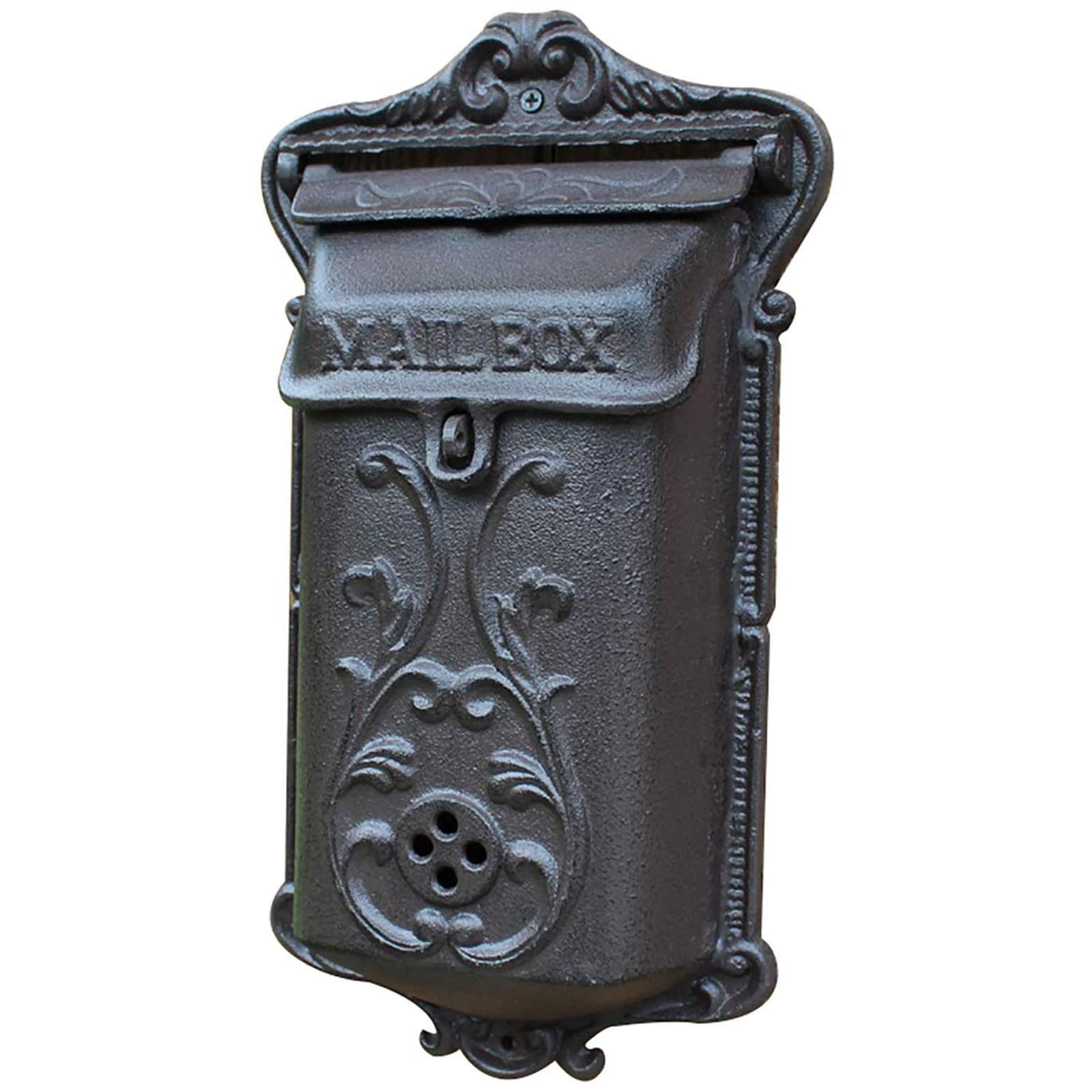 Vintage Cast Iron Wall Mount Mailbox - Heavy Duty Lockable Antique Letter Box, Farmhouse Style Decorative Hanging Post Box (36.7 x 52.0 cm, Black) - Perfect for Rustic Home Exteriors, Garden Gates & Countryside Properties