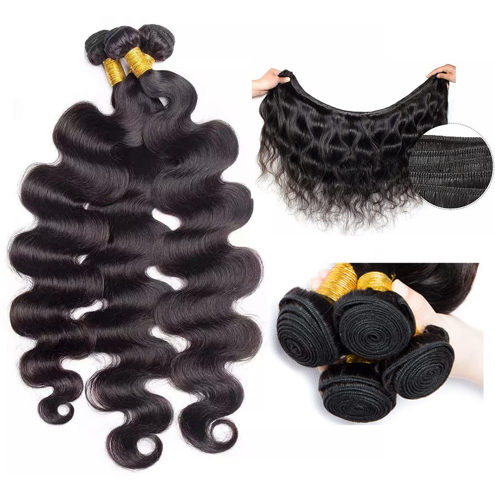 26 28 30 Inch 100% Unprocessed Brazilian Human Hair Bundles - Body Wave Weave 3 Bundles (300g) Natural Black Color for Sew-in, Clip-in Extensions & Styling