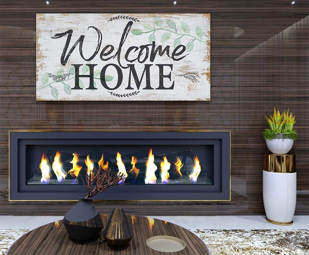 Welcome Home Sign - Farmhouse Decor, Entryway Family Sign, Wood Style Stretched Canvas Print 12x24 - Perfect Housewarming Gift for New Home, Wall Decor for Living Room, Bedroom & Front Door