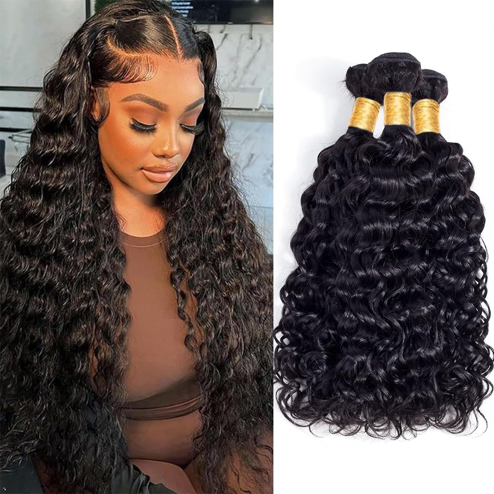Brazilian Remy Water Wave Human Hair Bundles 10A - 3 Bundles Unprocessed Curly Human Hair Extensions - Double Weft Natural Color (22/24/26 Inch) for Black Women - Perfect for Protective Styles, Weaves & Natural Hair Blending