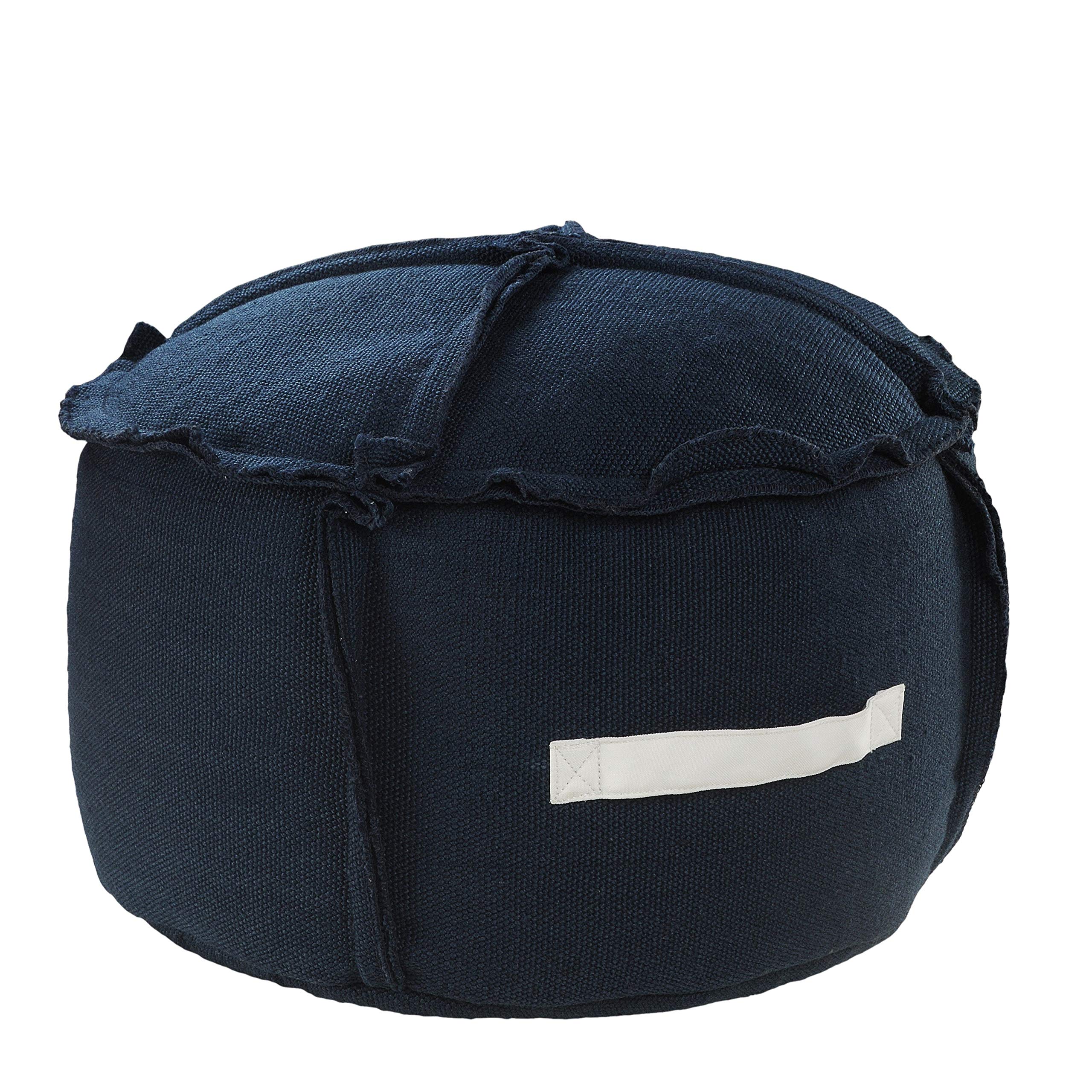 LR Home Solid Textured Indoor Outdoor Pouf Ottoman with Handles - Navy Blue 20x20x12 Inch - Perfect for Patio, Living Room & Bedroom Decor