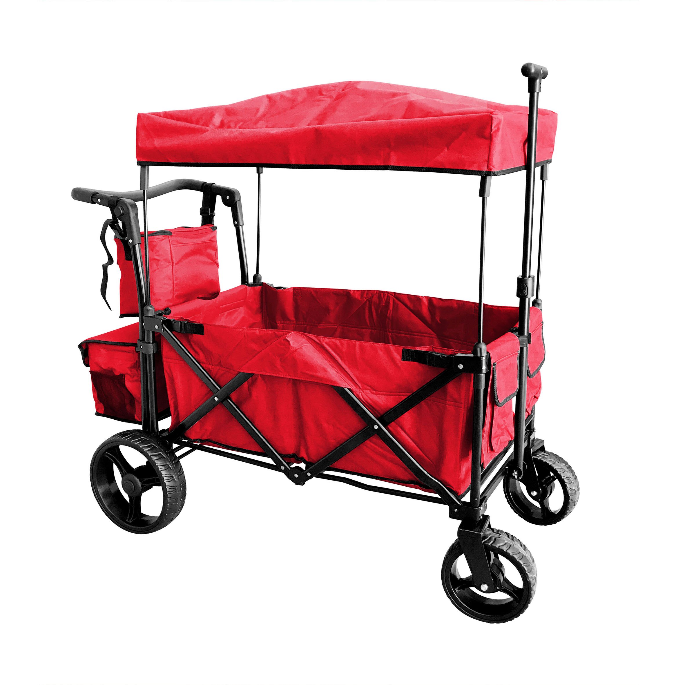 Novalife Heavy Duty All Terrain Folding Utility Wagon Cart with Canopy & Brakes - Sport Outdoor Camping, Beach, Picnic, Gardening, Shopping (Red)