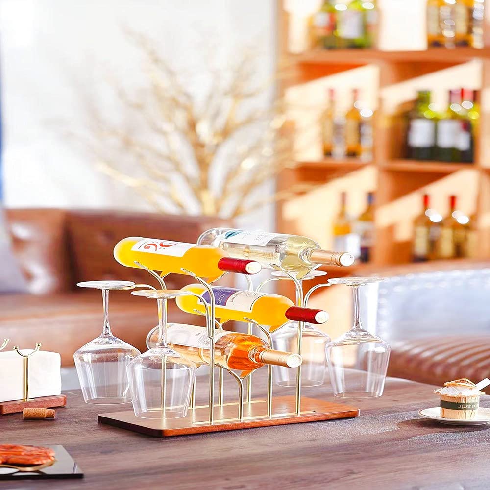Wooden Countertop Bottle Rack - Holds 6 Wine Bottles - Gold Metal & Wood Tabletop Holder for Kitchen, Bar, Cellar Storage - Perfect for Home Decor, Cabinet & Pantry Organization - Ideal for Wine Lovers & Entertaining Guests