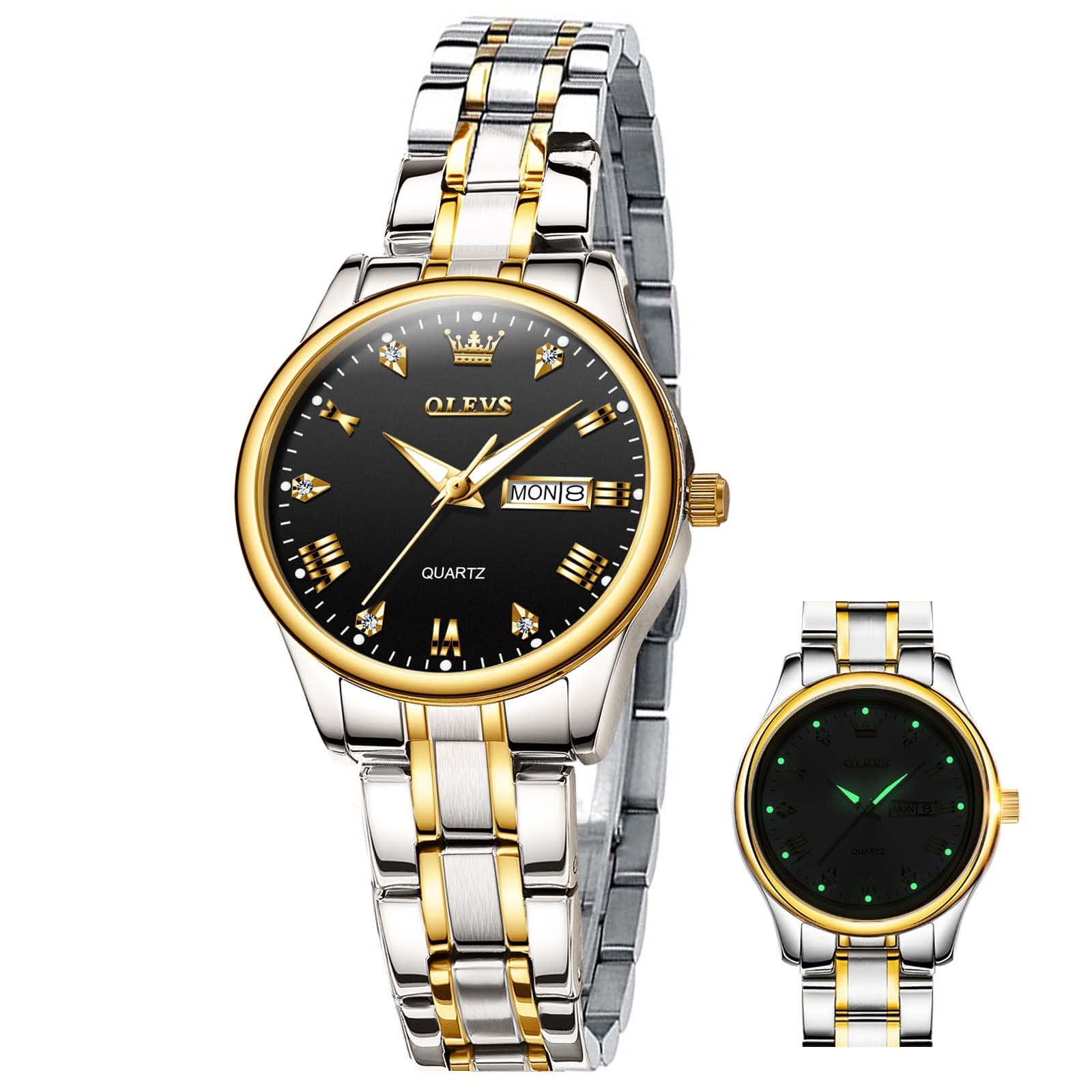 OLEVS Women's Gold Stainless Steel Waterproof Analog Quartz Watch with Date Day - Small Face Fashion Watch for Ladies with Gold, Black & White Dials - Perfect for Work, Parties & Everyday Wear