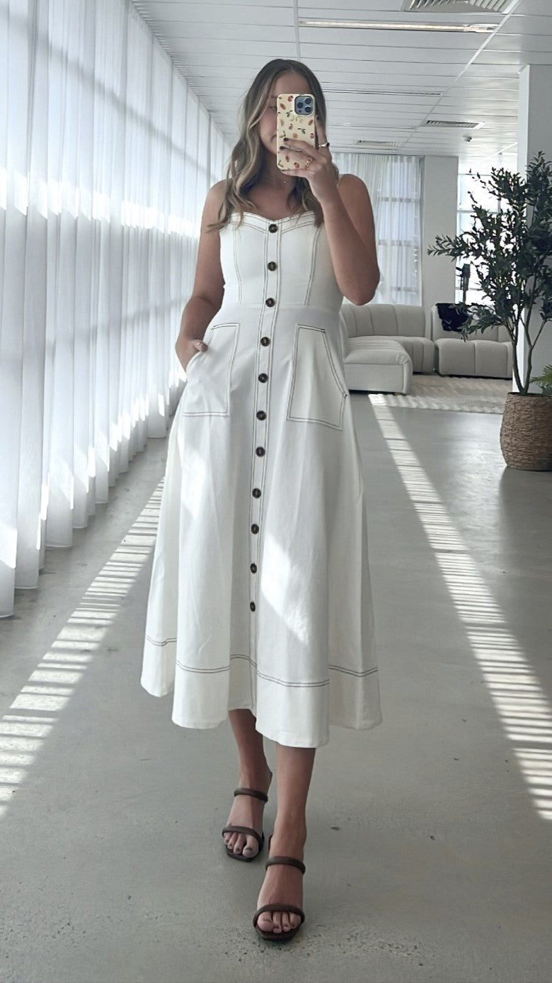 Indigo Midi Dress for Women - White Denim Casual Summer Dress with Pockets | Perfect for Beach, Brunch & Date Nights