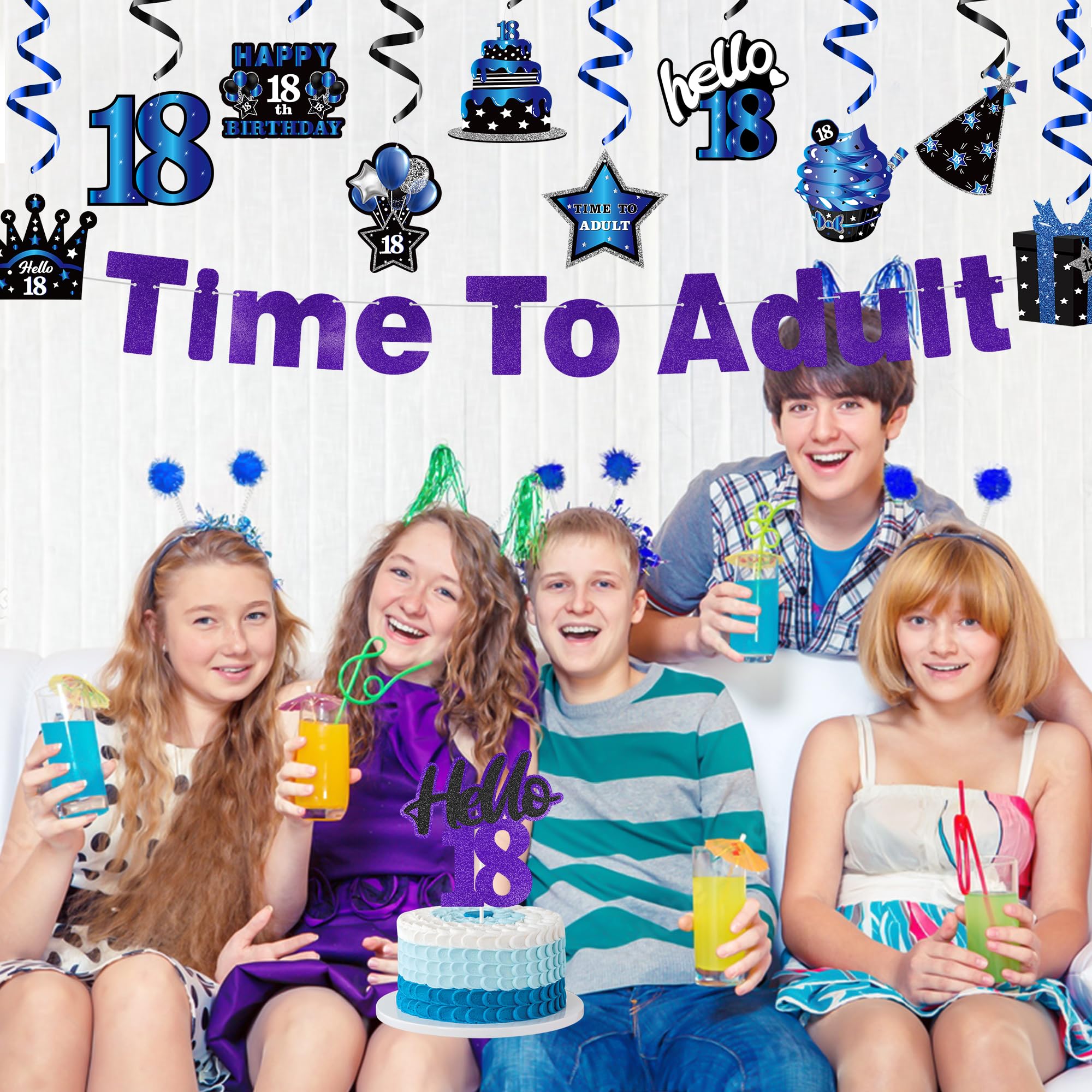 WATINC 42-Piece Blue Black Purple 18th Birthday Party Decorations Set - Hanging Garland Swirls, Cake Toppers & Centerpieces for 18-Year-Old Boys & Girls - Perfect for Birthday Parties, Adult Celebrations & Cake Decorations