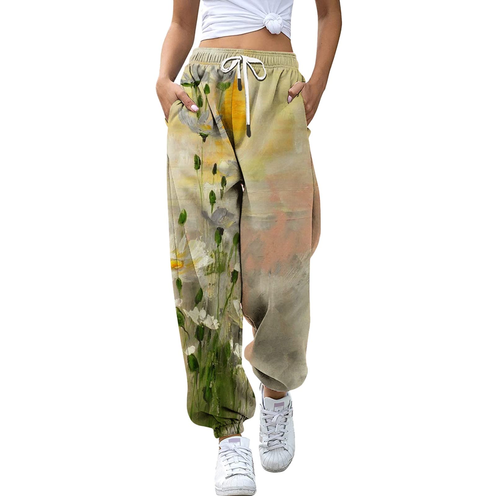 Women's Wide Leg Sweatpants with Pockets - Boho Printed Baggy Lounge Pants for Casual Wear, Yoga & Travel | White Dressy Joggers