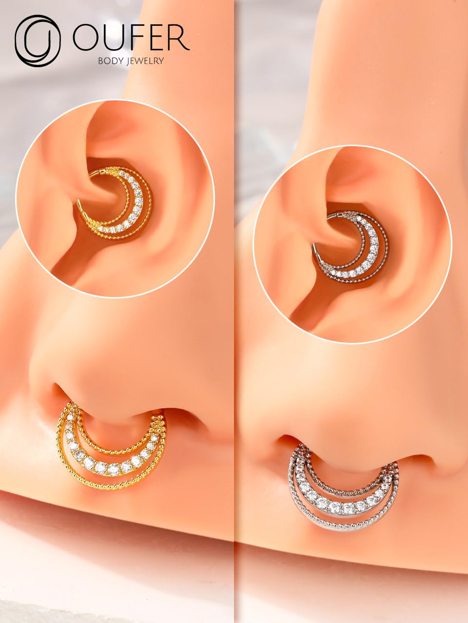 OUFER 16G Septum Rings - 3 Rows Paved Shiny Clear CZ Septum Jewelry | 316L Stainless Steel Nose Ring for Women & Men | Perfect for Helix, Cartilage, Conch & Daith Piercings | Ideal for Everyday Wear, Parties & Special Occasions