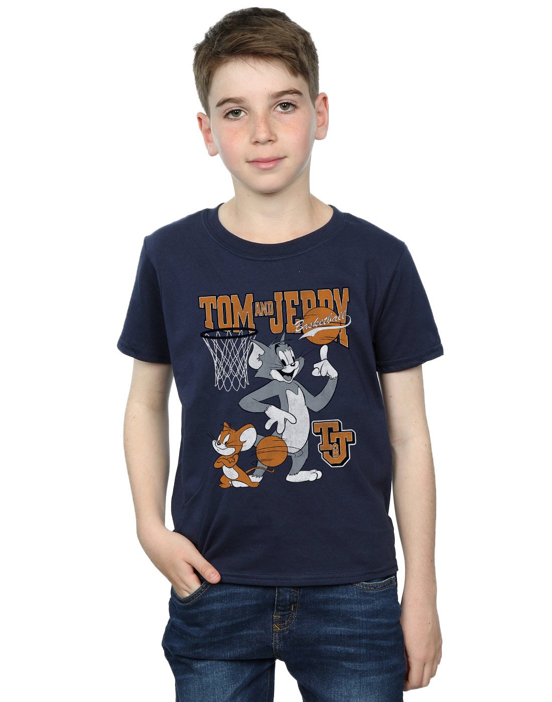 Tom and Jerry Boys Spinning Basketball Graphic T-Shirt - Navy Blue Cotton Tee for Kids Ages 12-13 | Cartoon Character Apparel for School, Sports & Casual Wear