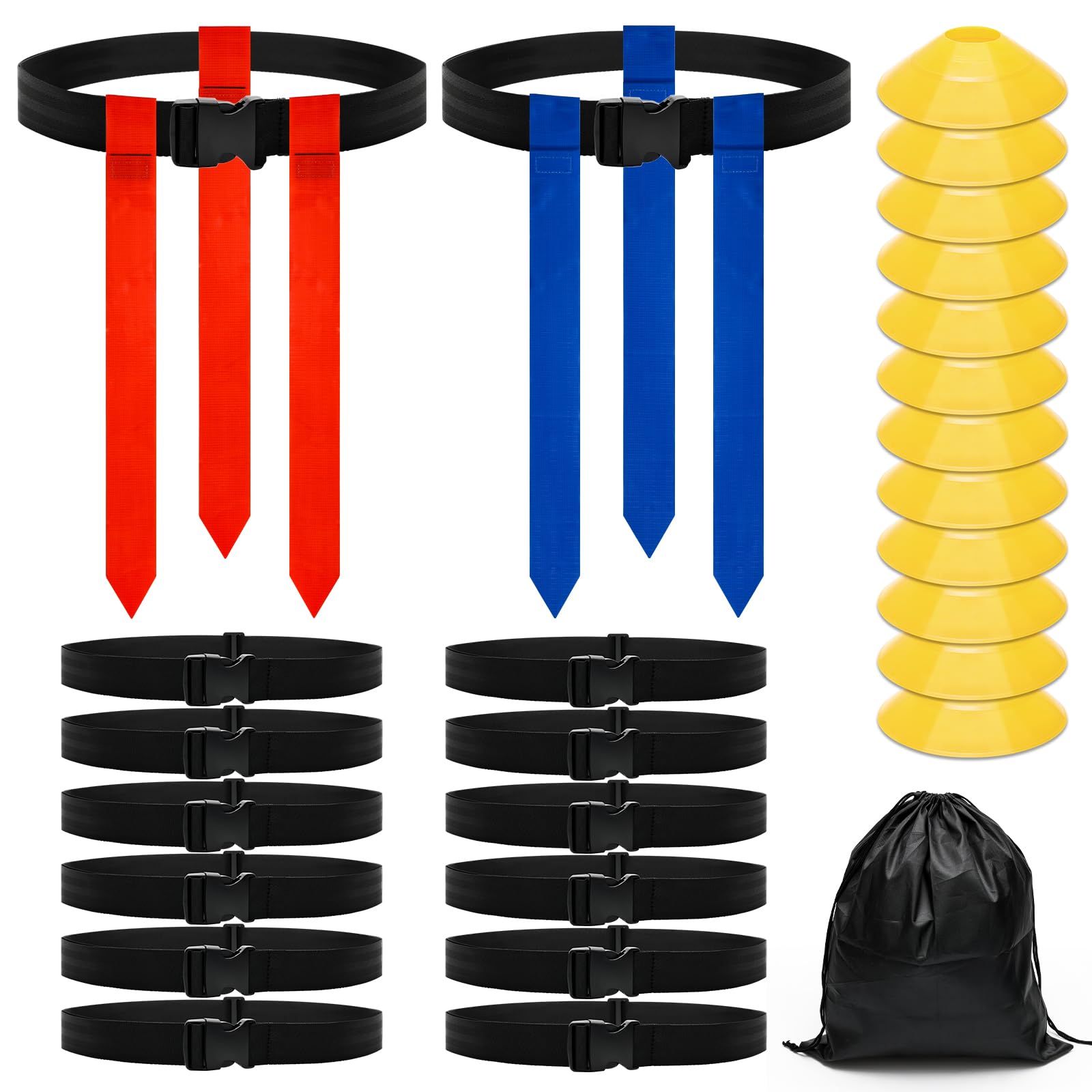 Flag Football Belts Set for 14 Players - Includes 14 Belts, 42 Flags, 12 Cones & Storage Bag - Youth & Adult Football Training Equipment - Perfect for Team Practice, PE Class and Backyard Games