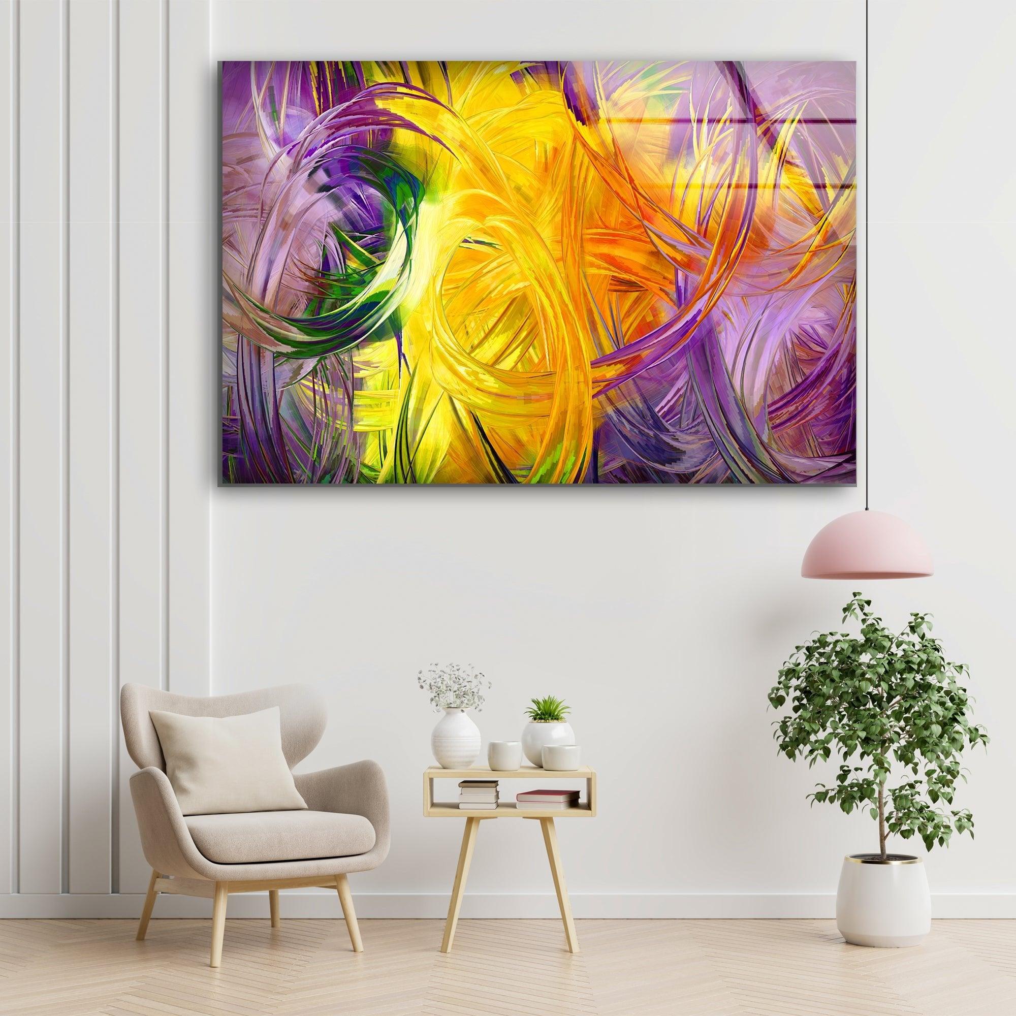 Abstract Art Yellow Fractal Glass Wall Decor - Modern Geometric Artwork for Living Room, Bedroom & Office Decor