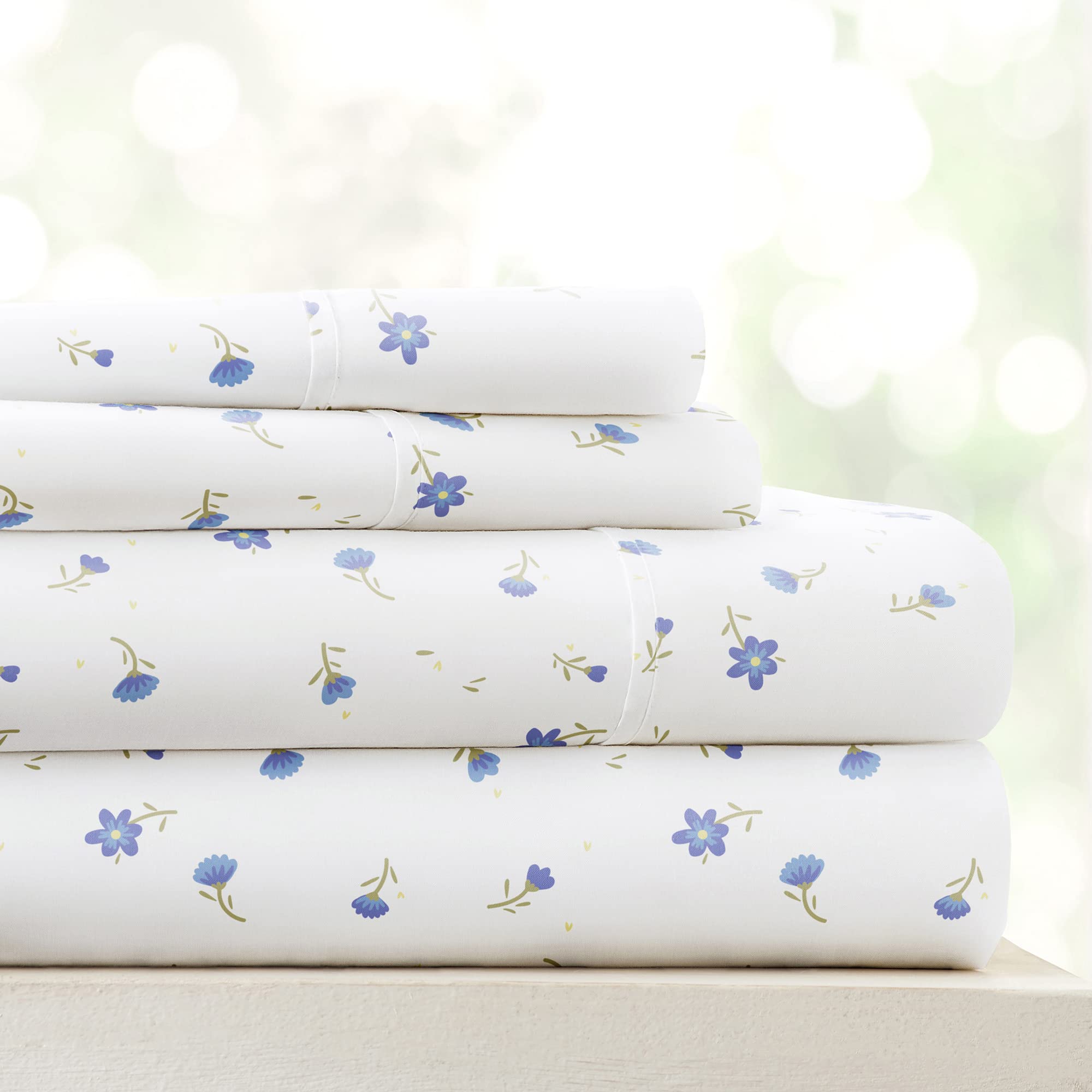 Premium 4-Piece Full Size Bed Sheet Set - Ultra Soft & Cooling Light Blue Floral Linen Bedding - Deep Pocket Fits 16