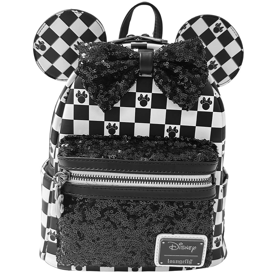 Loungefly Disney Minnie Mouse Checkered Sequin Women's Backpack - Stylish Cute Crossbody Bag for Disney Fans, Cosplay, Travel & Theme Park Visits