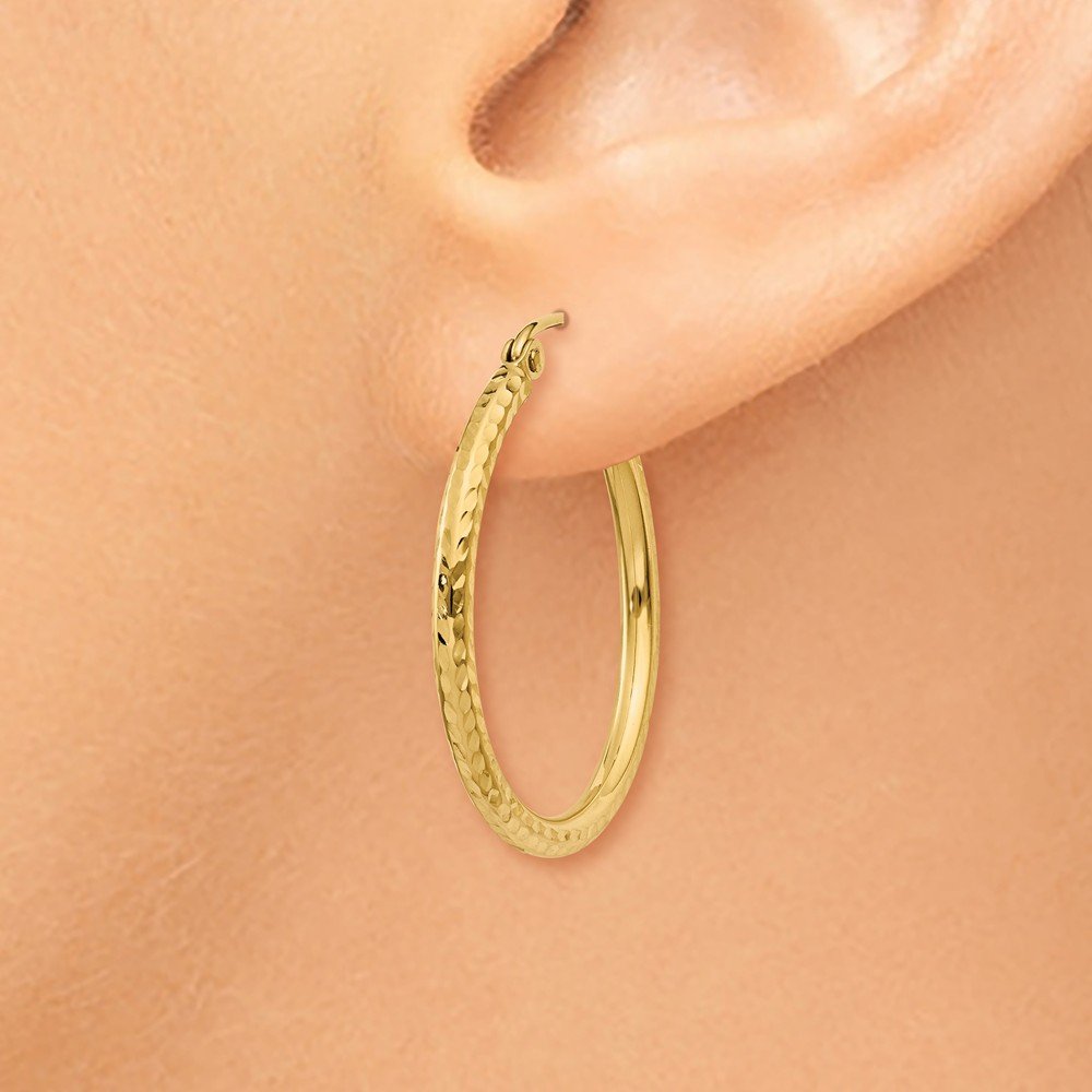 14K Yellow Gold Diamond-Cut 2mm Round Tube Hoop Earrings for Women - Classic Dainty Everyday Jewelry for Work, Date Night & Special Occasions