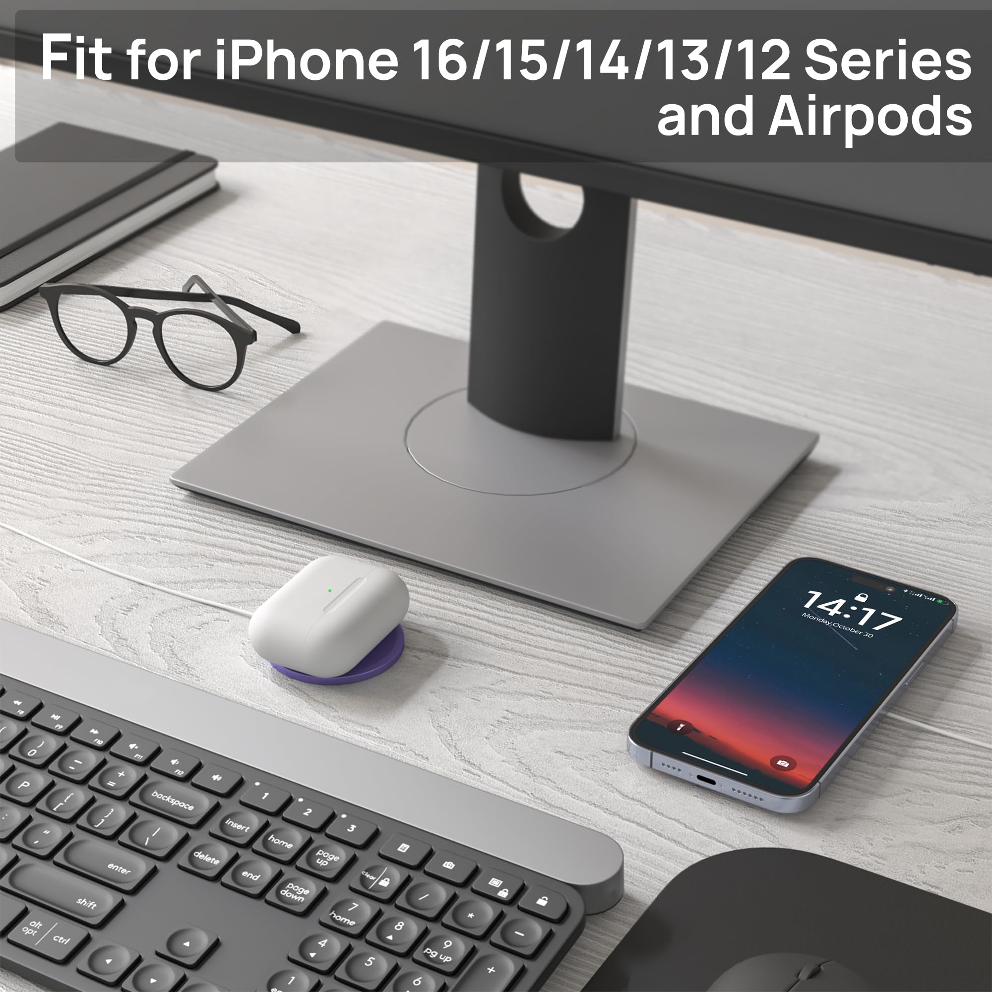 15W Fast Wireless Charger for iPhone 16/15/14/13/12 Series & AirPods - MagSafe Compatible Magnetic USB-C Charging Pad (Purple) - Perfect for Home, Office & Travel Use
