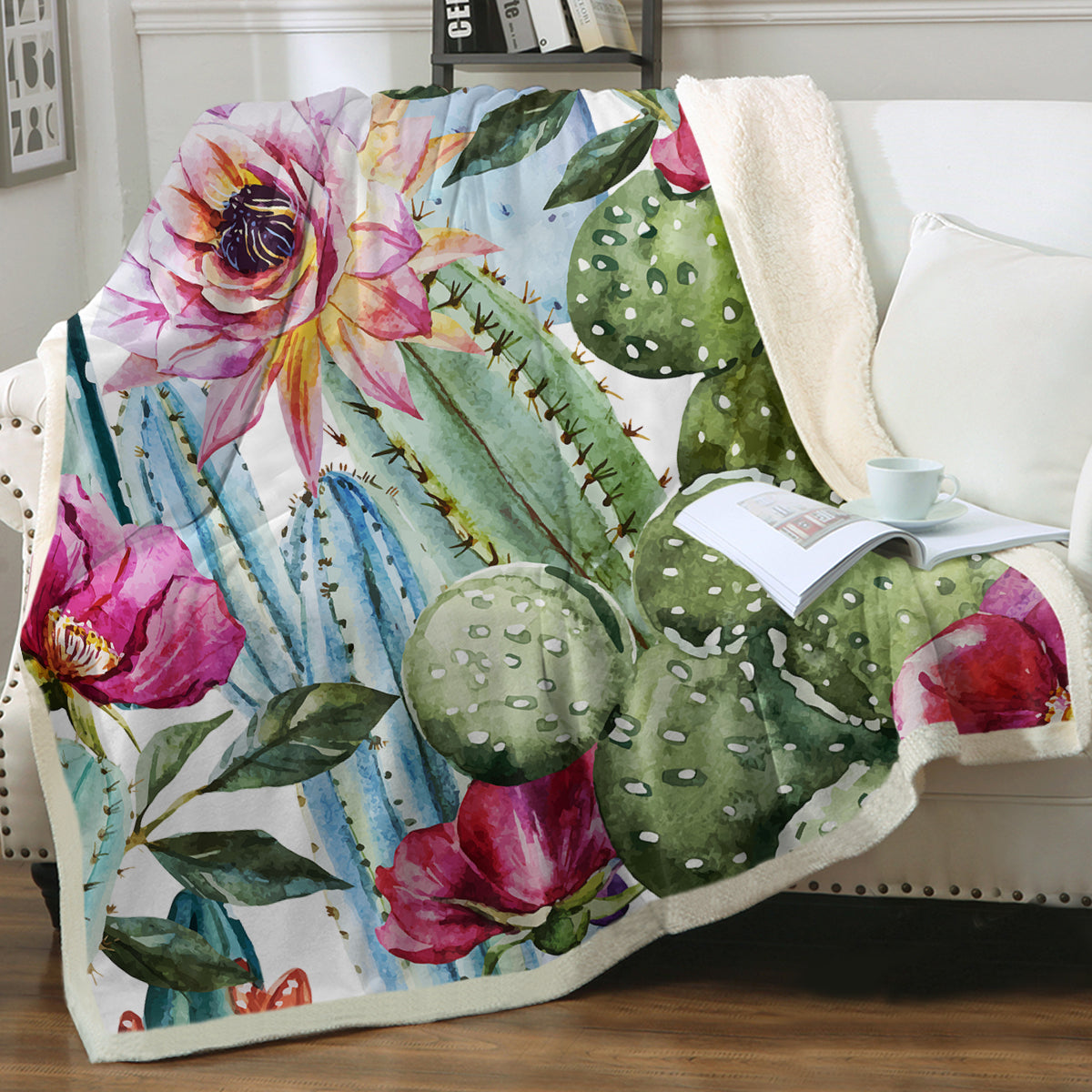 Cozy Soft Sherpa Blanket with Colorful Cactus Design - Warm Flannel Throw for Bed, Sofa & Outdoor Camping