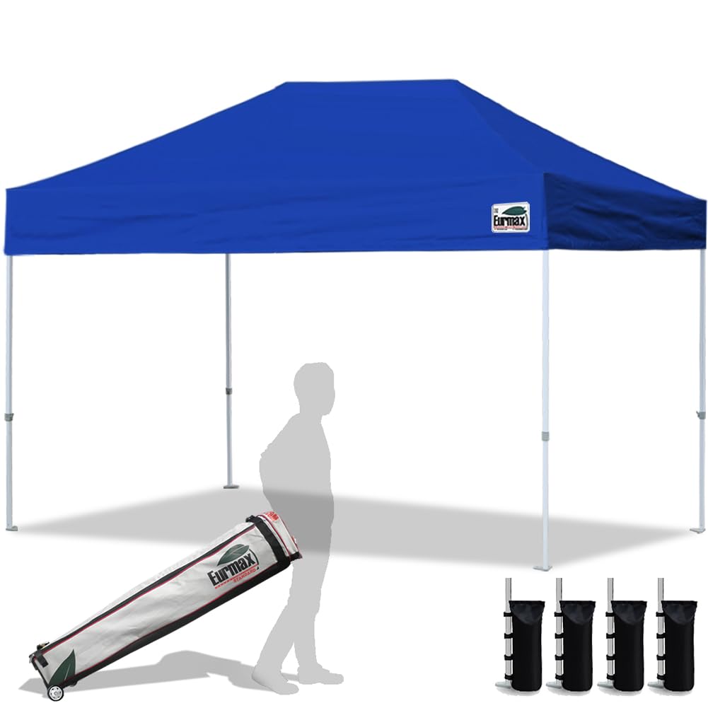 Eurmax USA 8'x12' Heavy Duty Commercial Pop Up Canopy Tent with Roller Bag & 4 Sand Weight Bags - Blue - Perfect for Outdoor Events, Farmers Markets, Beach Parties & Camping