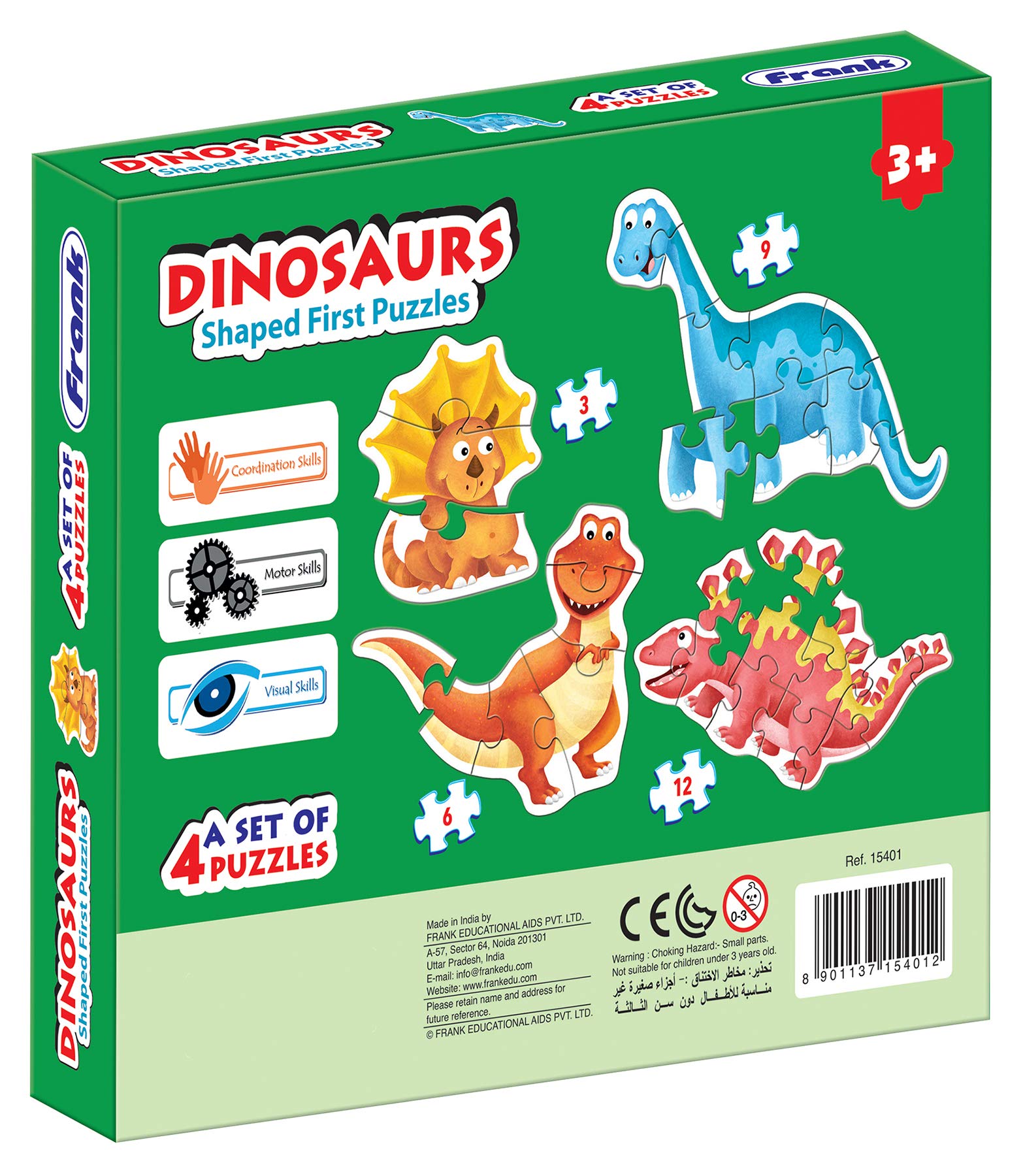 Frank Dinosaurs Shaped Floor Puzzles for Kids - 3,6,9,12 Piece Jumbo Puzzle Set - Educational Dinosaur Toys for Toddlers & Preschoolers - Perfect for Playroom, Classroom & Birthday Gifts