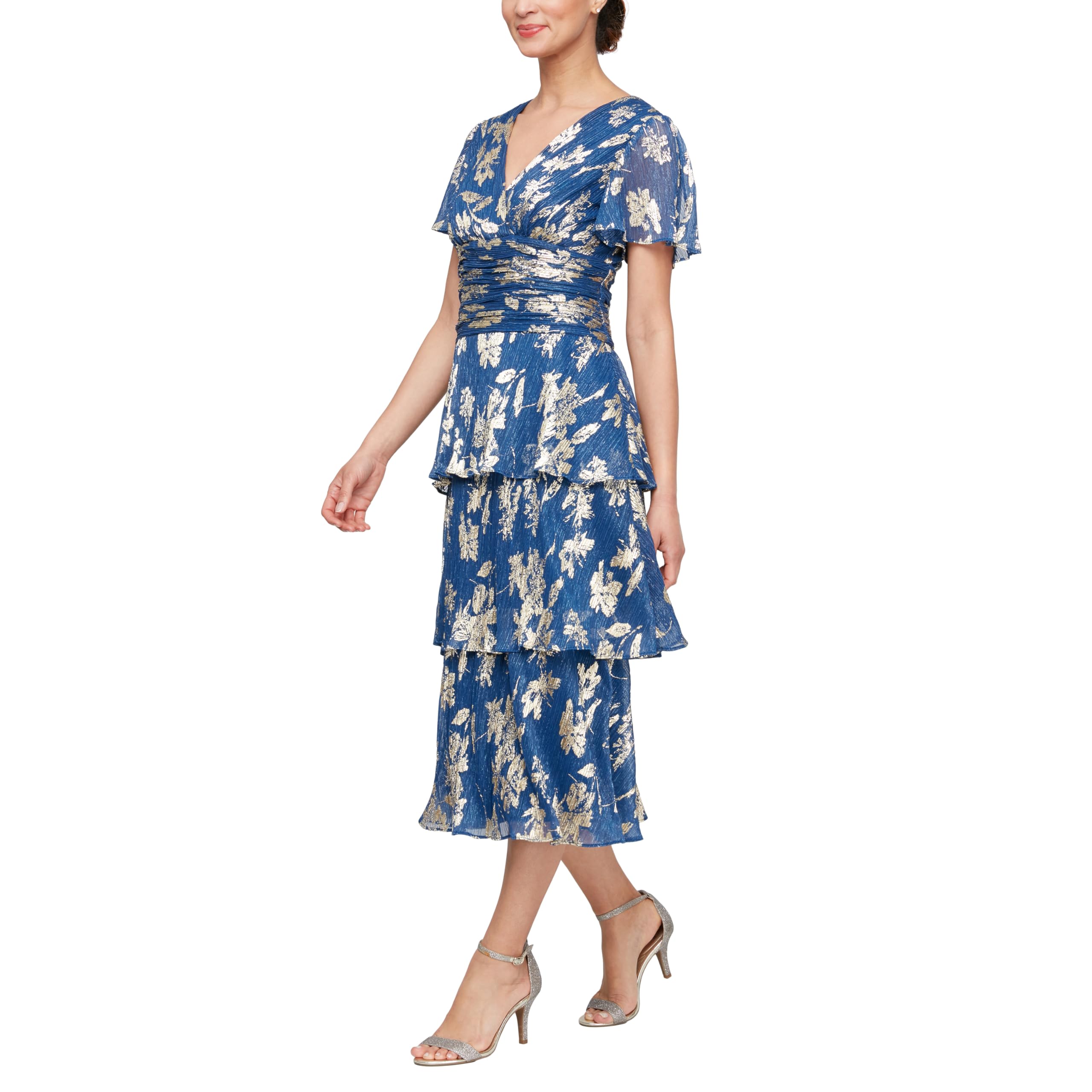 S.L. Fashions Women's Short Sleeve V-Neck Midi Cocktail Dress with Ruched Waist - Wedding Guest, Party, Formal Occasion Dress (Petite & Regular Sizes) - Perfect for Bridal Showers, Evening Events & Special Celebrations