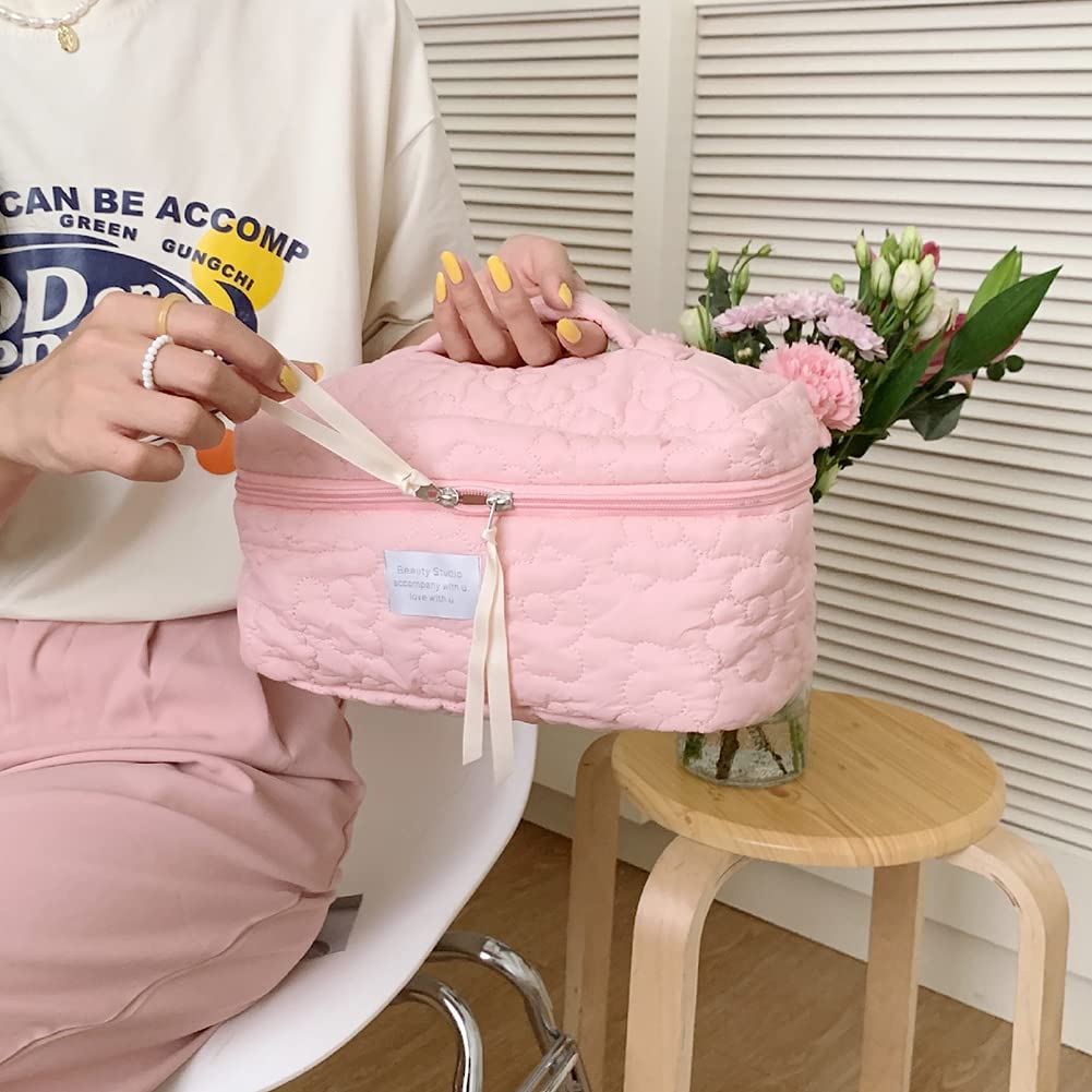 TIAASTAP Large Capacity Makeup Bag for Women - Floral Aesthetic Travel Cosmetic Organizer, Coquette Toiletry Pouch for Girls & Ladies (Pink) | Perfect for Travel, Gym, Daily Use & Gift Giving
