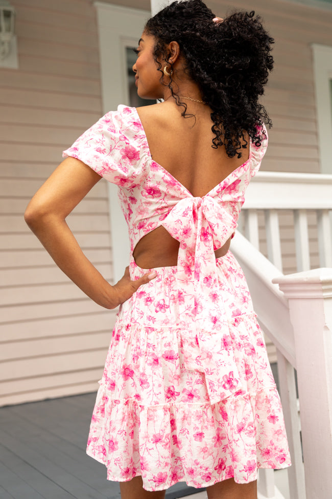 Elegant Pink Floral Dress with Back Bow Detail - Women's Party & Wedding Guest Dress - Perfect for Spring Events, Date Nights & Special Occasions