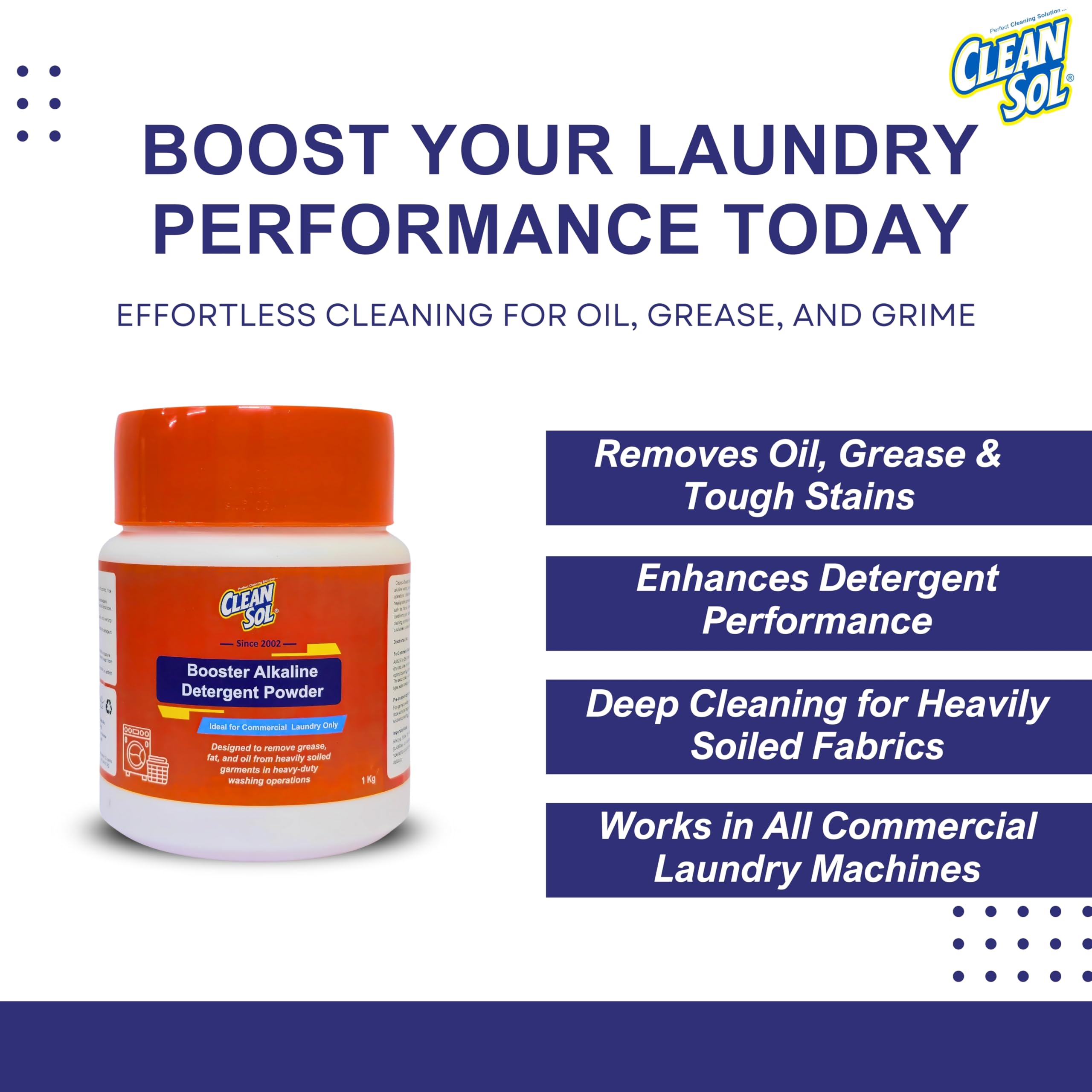 Cleansol Laundry Booster Detergent Powder - Heavy Duty Commercial Fabric Cleaner for Tough Stains & Deep Cleaning - 1Kg - Perfect for Hotels, Restaurants, and Healthcare Facilities